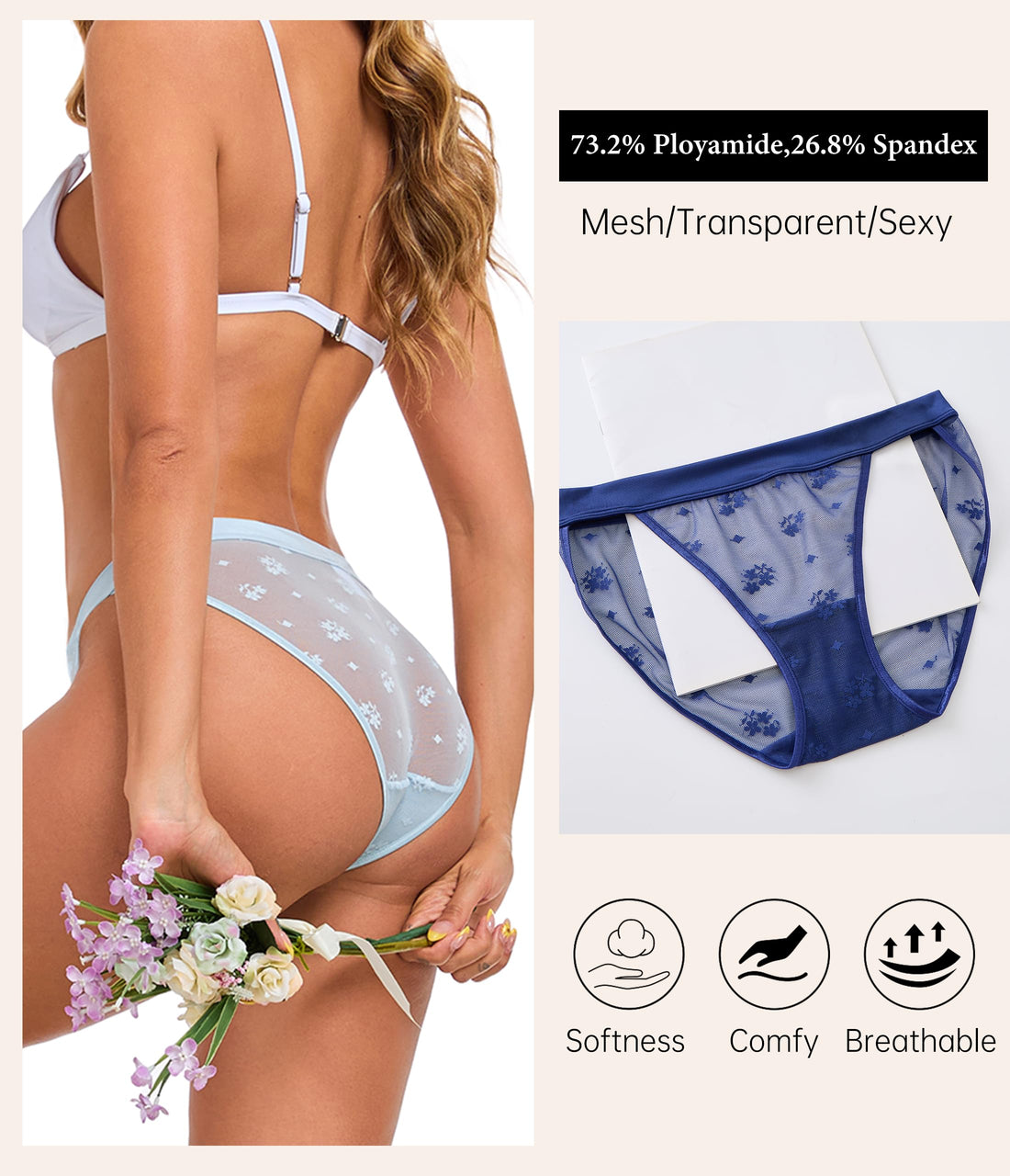 ANLIQI Womens Sexy Underwear Mesh See Through Bikini Panties Pack Hi Cut Briefs Sheer Lace String Lingerie Hipster for Lady