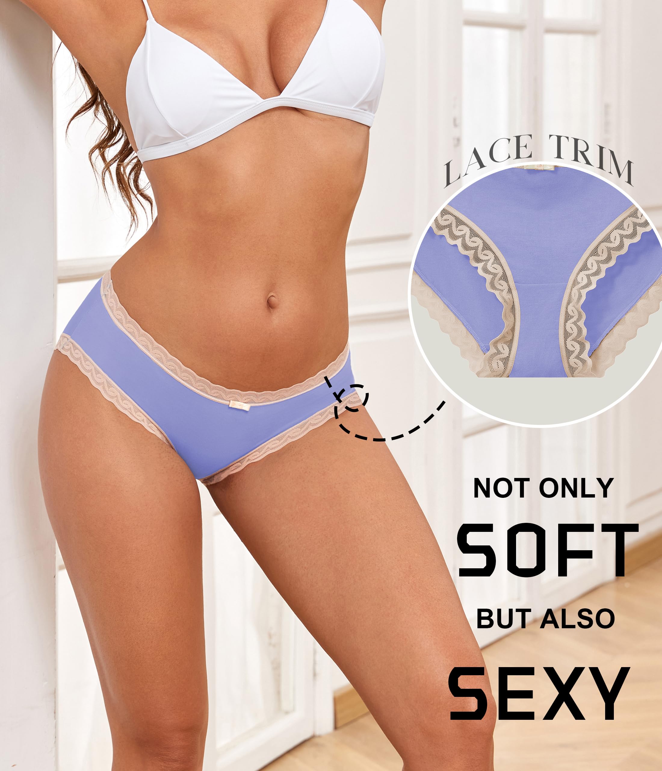 ANLIQI Womens Underwear Lace Trim Hipster Panties Pack Soft Moisture Wicking Cotton Bikini Briefs Cool Undies Underpants