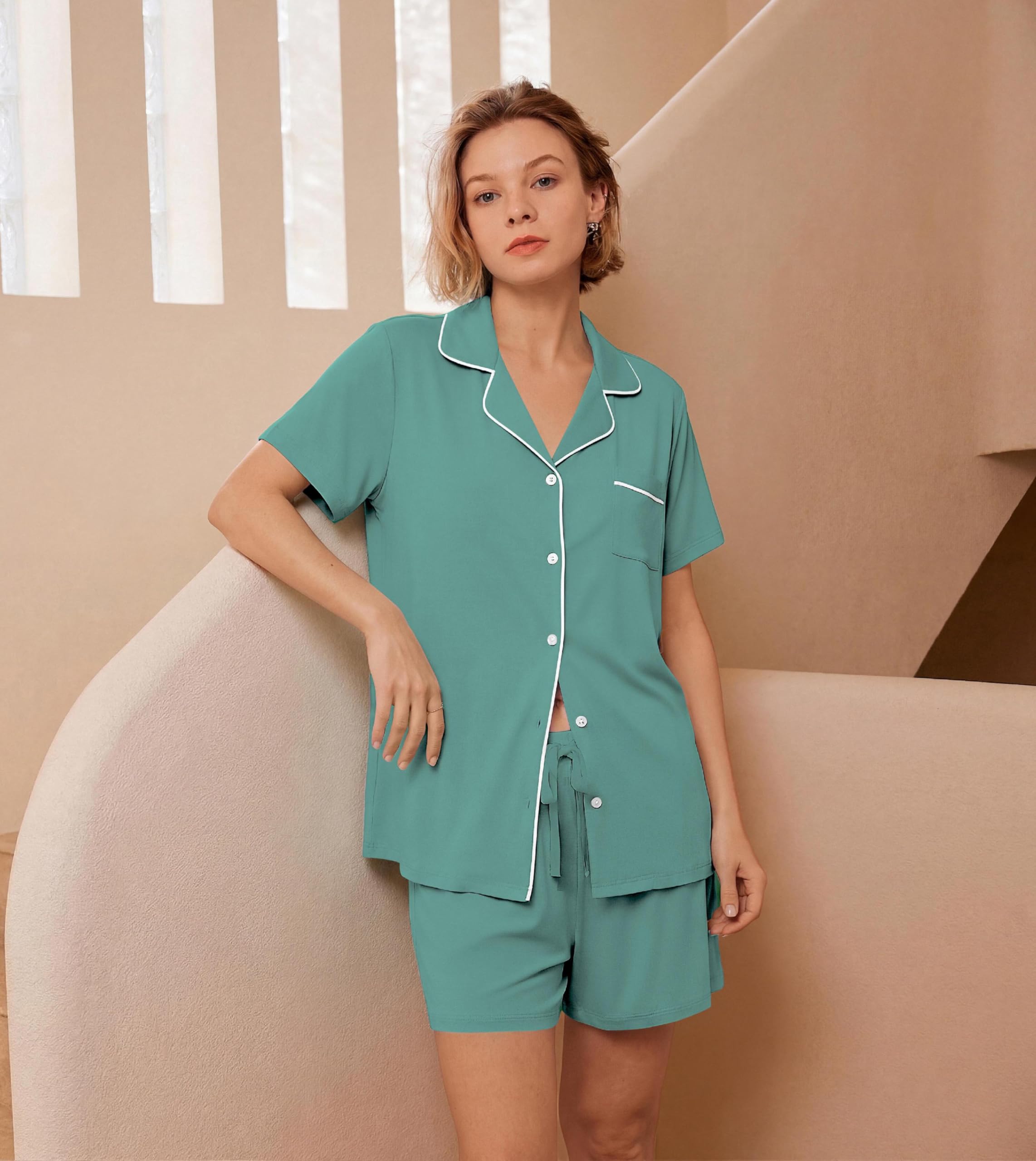 Ekouaer Womens Pajamas Set Soft Classic Notch Collar Bride Pjs Comfy Short Sleeve Sleepwear Loungewear