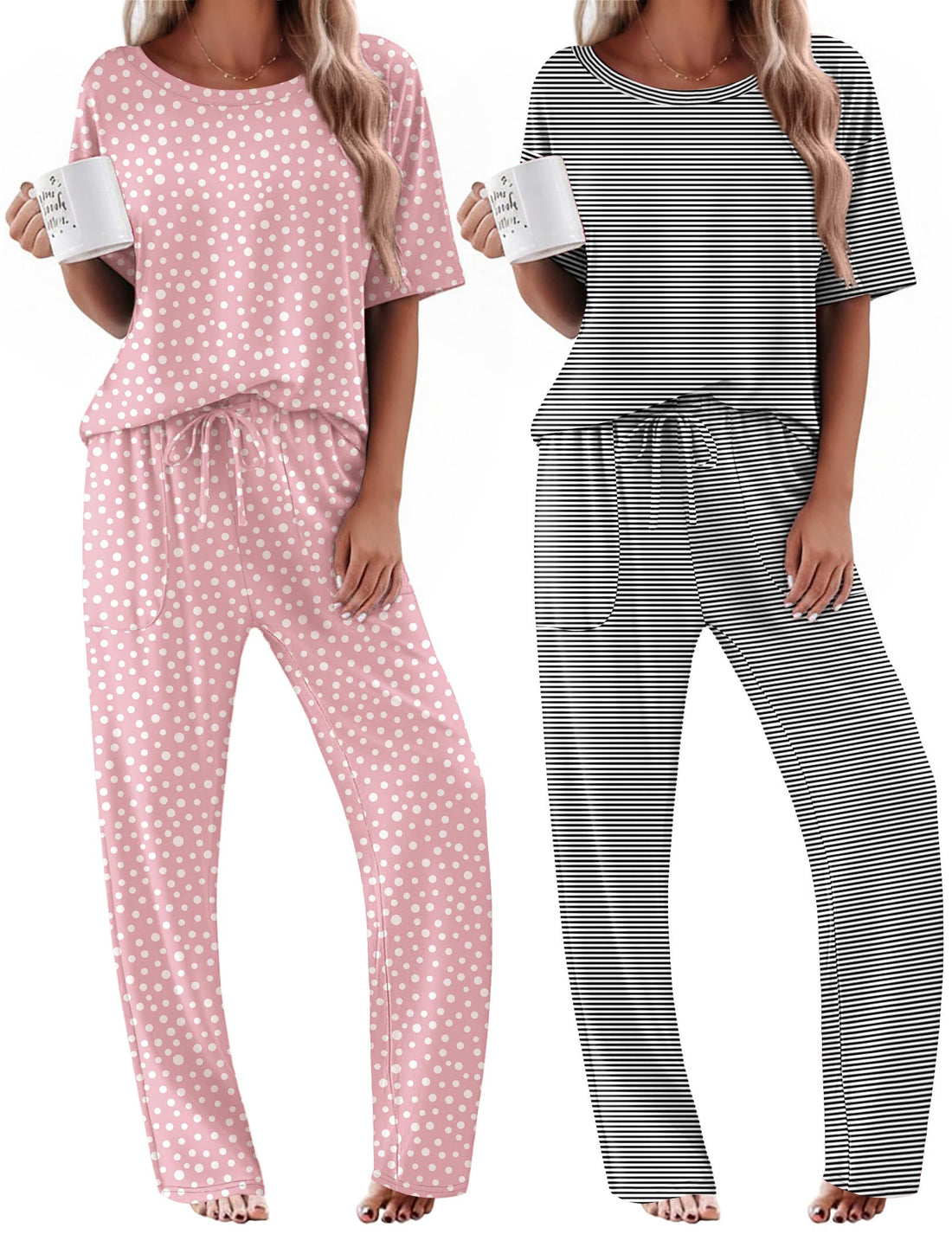 Ekouaer 2 Pack Womens Pajamas Sets Short Sleeve Long Pants Pjs Lounge Set
