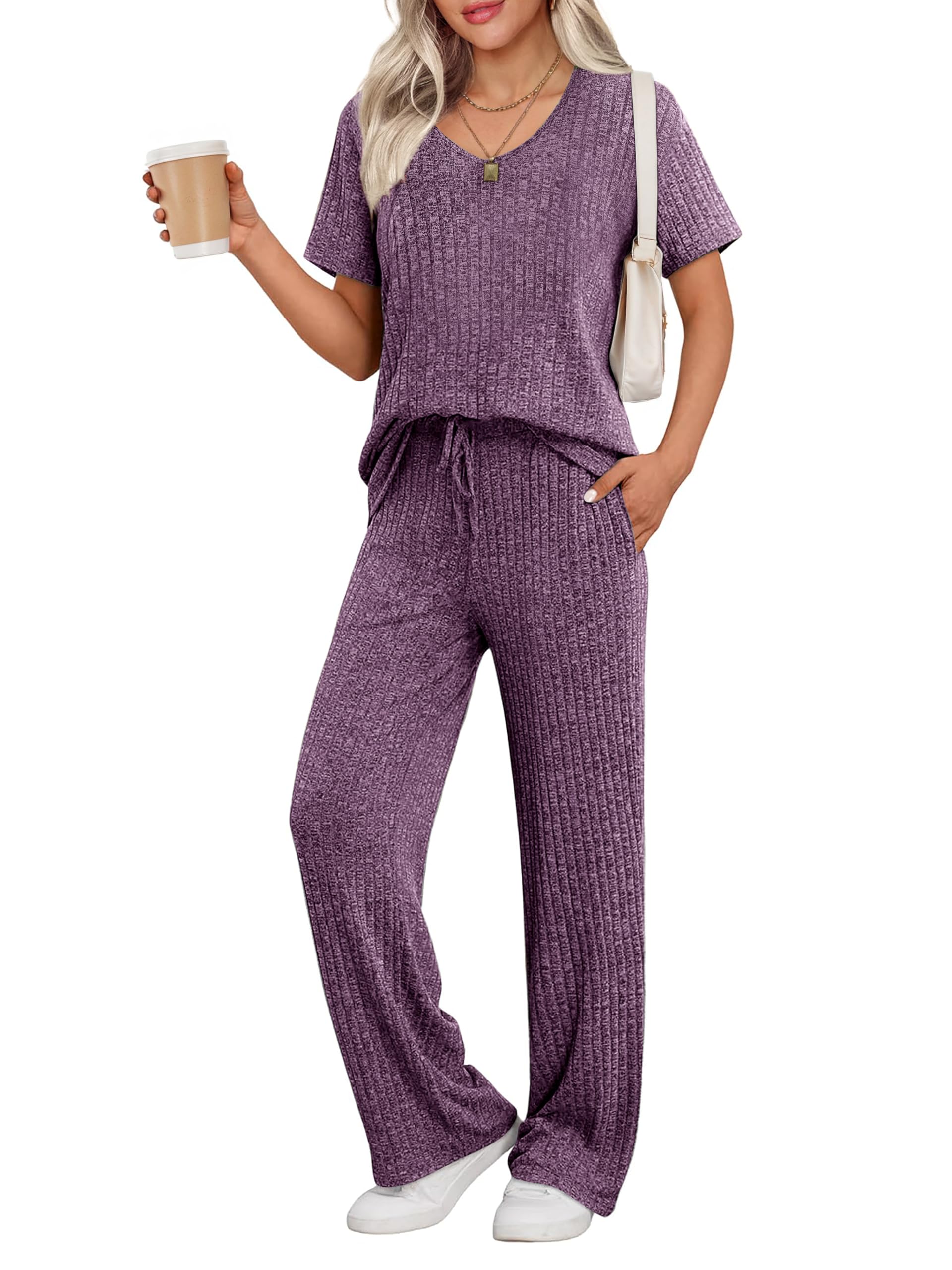 Ekouaer Womens Ribbed Knit Lounge Set Short Sleeve Top and Long Pants Sleepwear Pajama Set Two Piece Matching Outfits Set