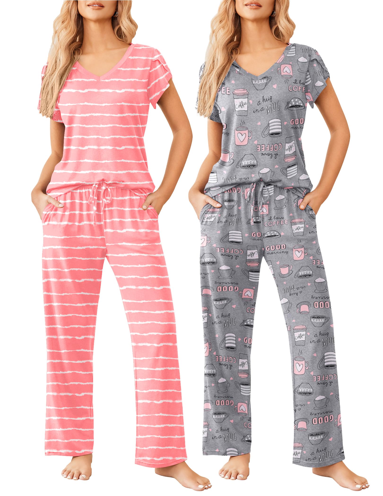 Ekouaer 2 Pack Womens Pajama Set Short Sleeve Sleepwear Soft Pjs Lounge Set