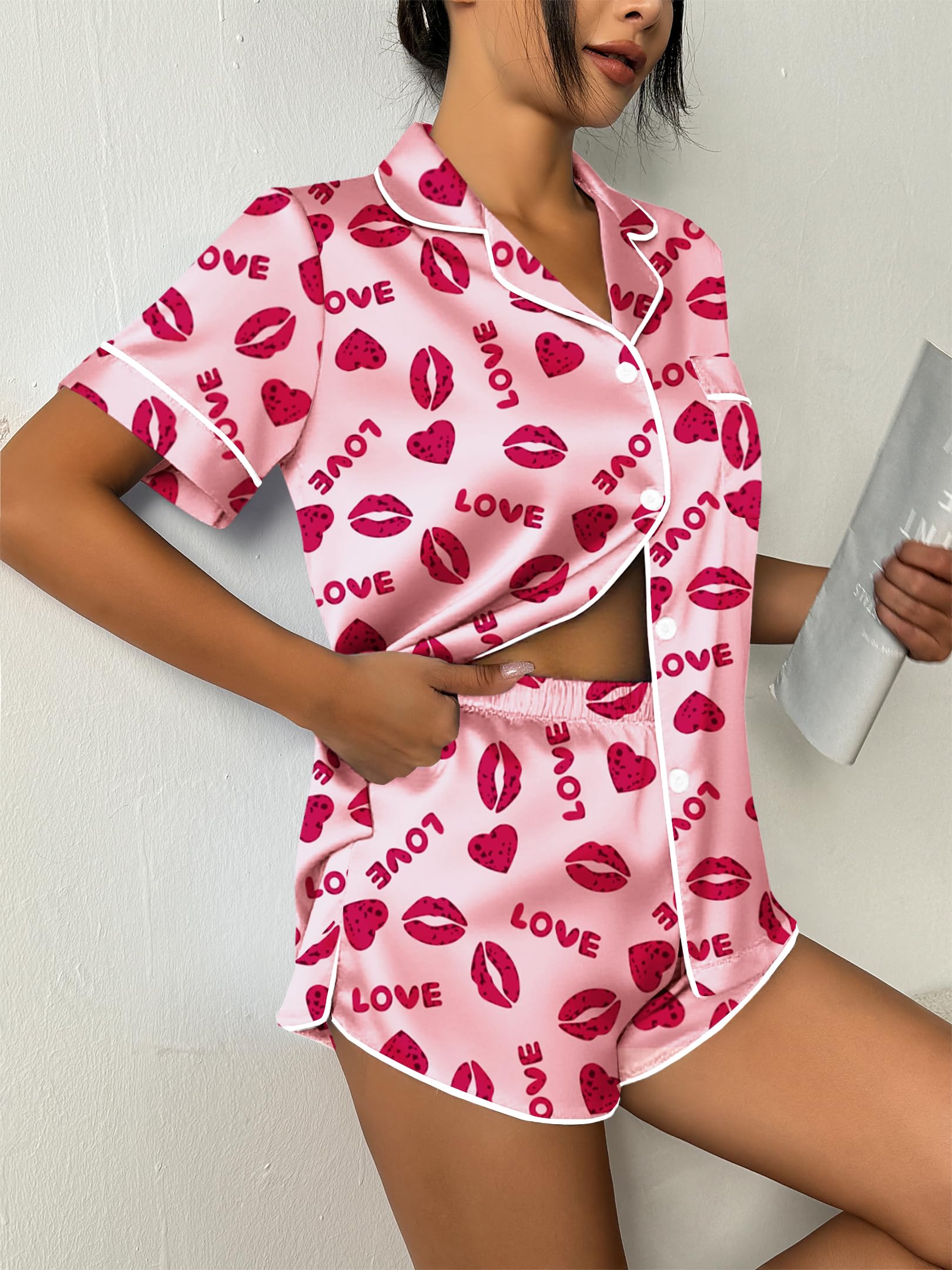 Ekouaer Womens Silk Satin Pajama Set Print Short Sleeve Sleepwear Button Down Pjs Shorts Set Loungewear