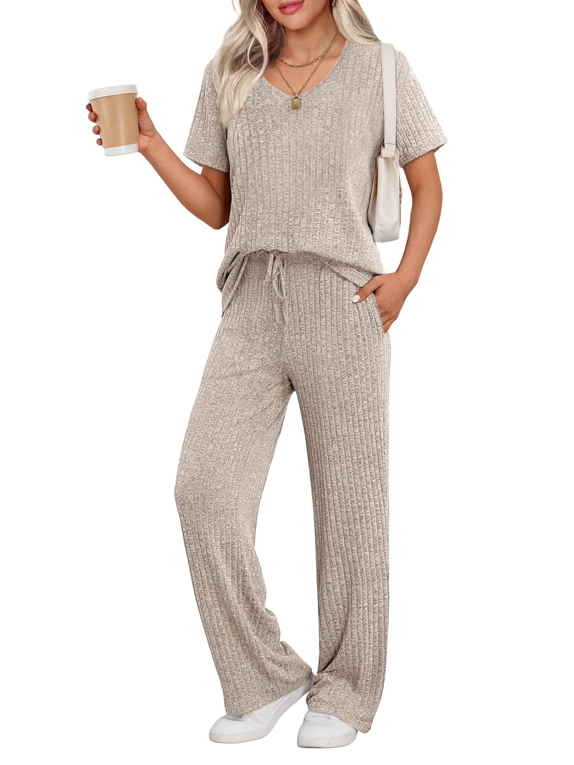 Ekouaer Womens Ribbed Knit Lounge Set Short Sleeve Top and Long Pants Sleepwear Pajama Set Two Piece Matching Outfits Set
