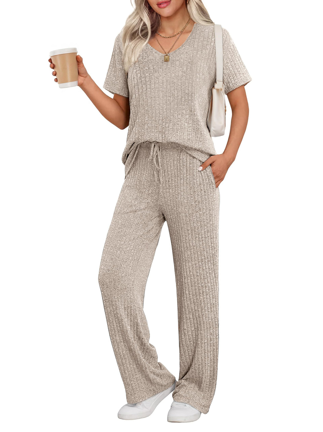 Ekouaer Womens Ribbed Knit Lounge Set Short Sleeve Top and Long Pants Sleepwear Pajama Set Two Piece Matching Outfits Set