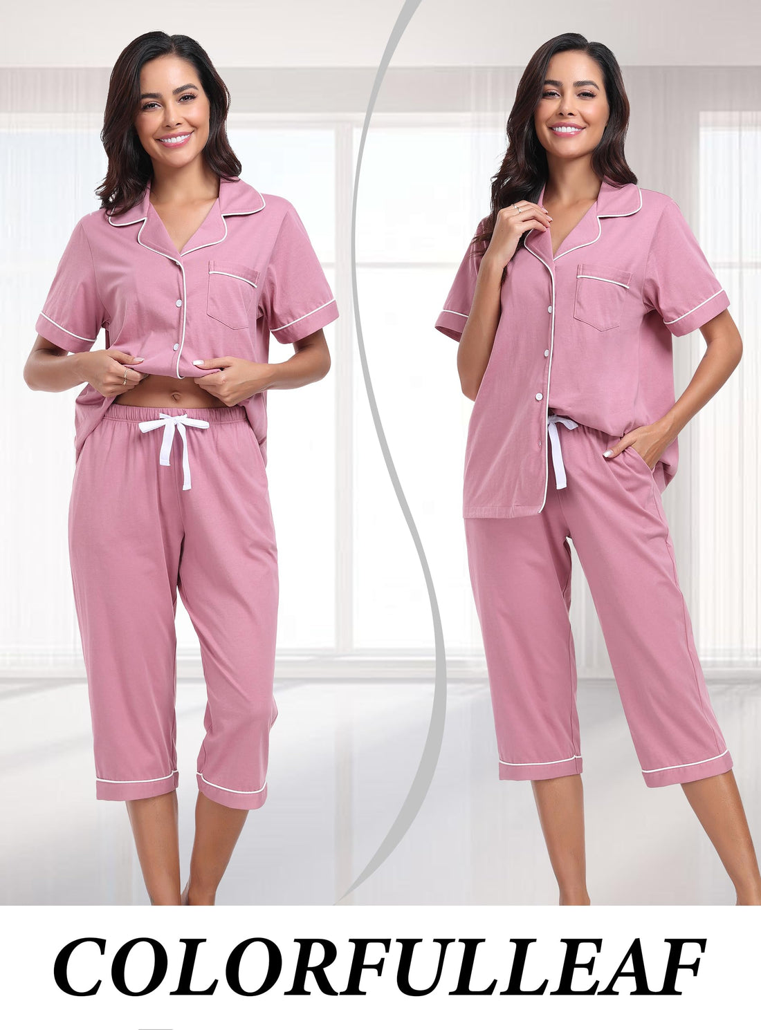 COLORFULLEAF 100% Cotton Women's Pajama Sets Short Sleeve Capri Pajamas for Women Set Button Down Pjs Soft Sleepwear Summer