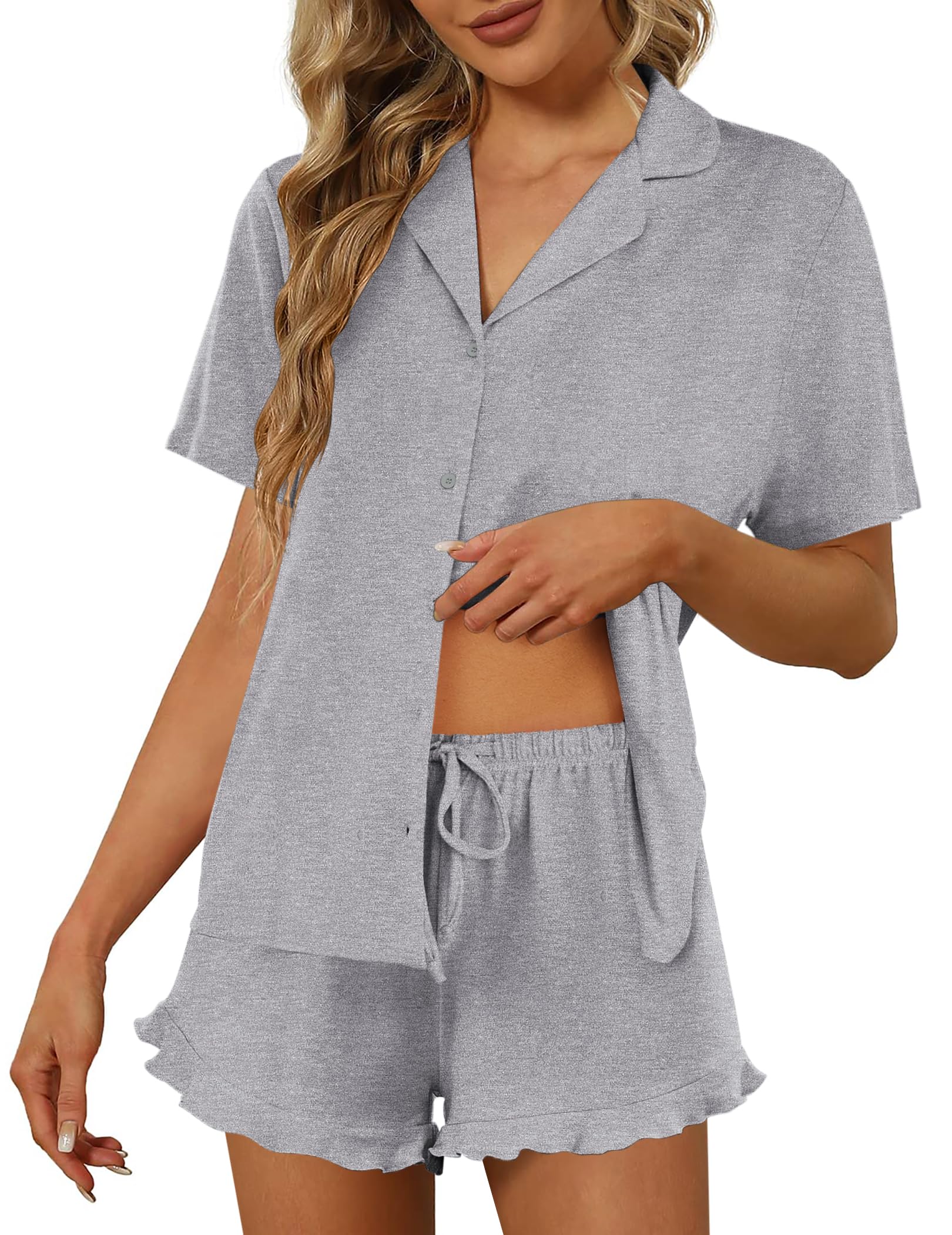 Ekouaer Pajamas Set for Women Short Sleeve Sleepwear Button Down Ruffle Pjs