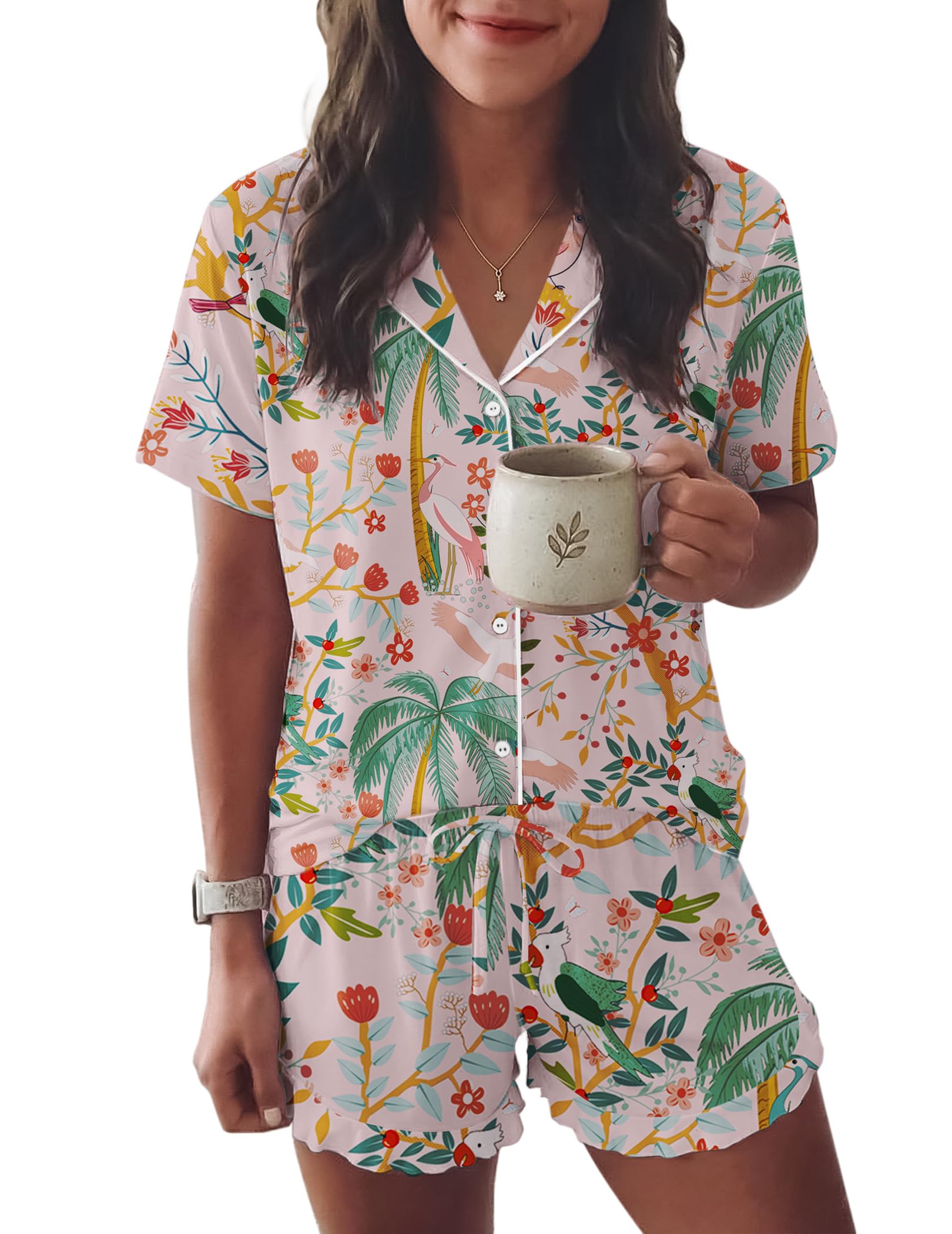 Ekouaer Womens Pajama Sets Button Down Cute Ruffled Pjs Set Sleepwear