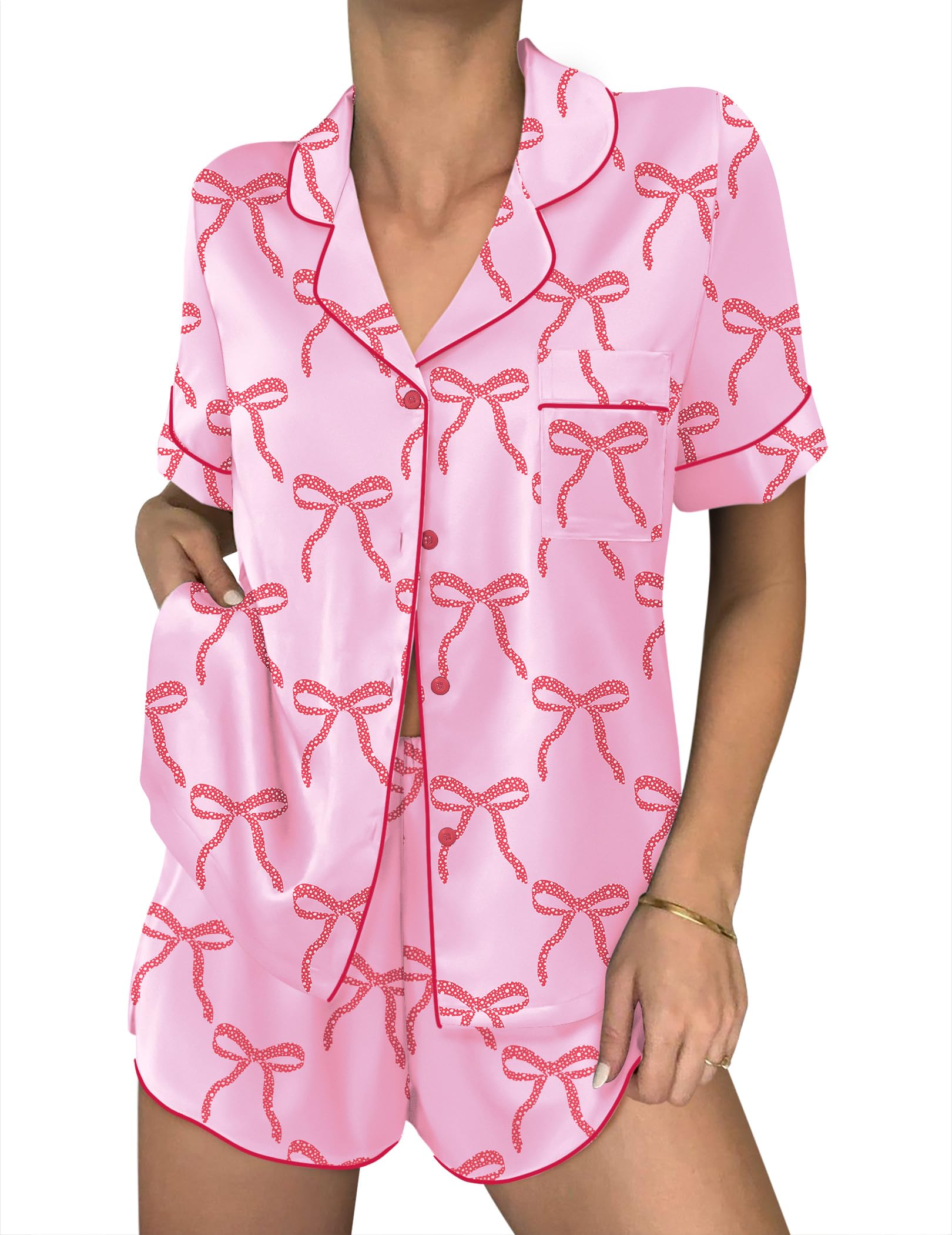 Ekouaer Women Satin Pajama Sets Cute Print Silk Pjs Shorts Sets S-4XL