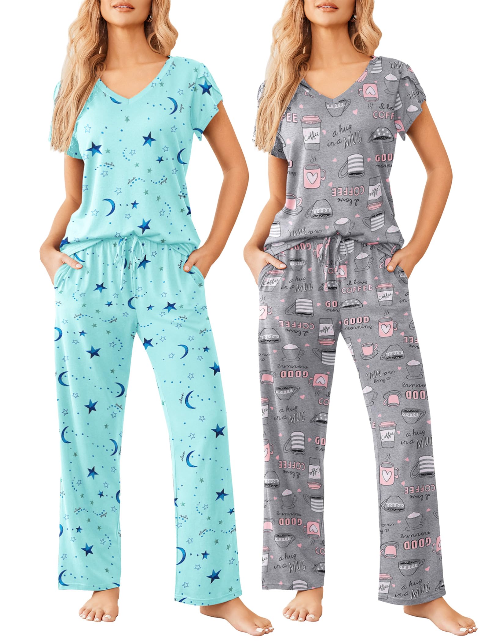 Ekouaer 2 Pack Womens Pajama Set Short Sleeve Sleepwear Soft Pjs Lounge Set