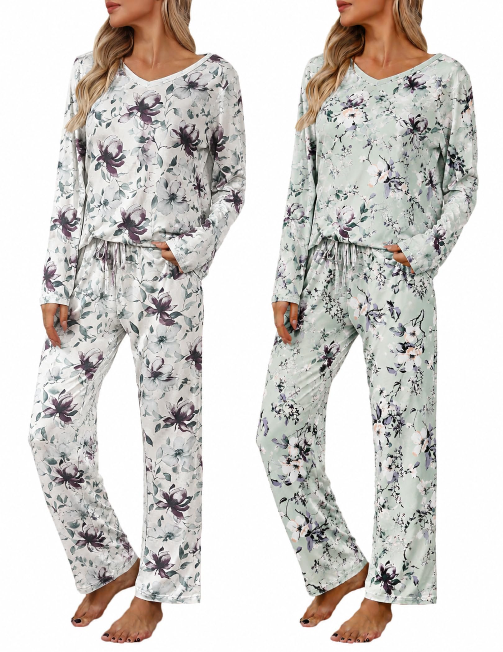 2 Pack: Women's Long Sleeve Pajama Sets - V Neck Top and Pants Lounge sets