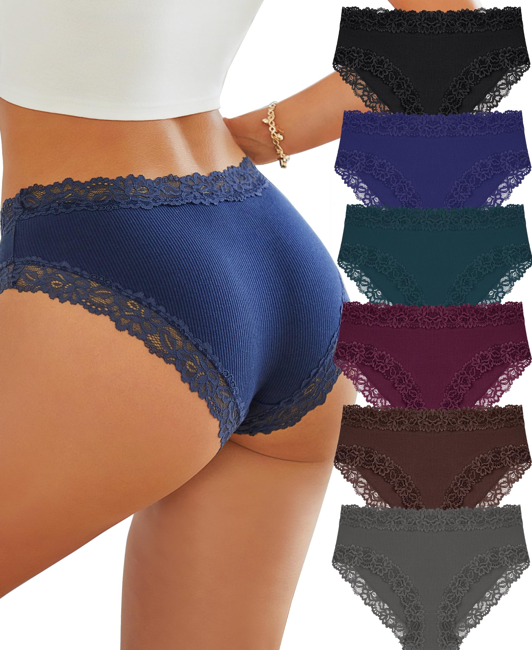 Knowyou Cotton Underwear for Women No Roll Soft Panties No Dig Lace Waist Hipster Breathable Cheeky Lingerie for Women