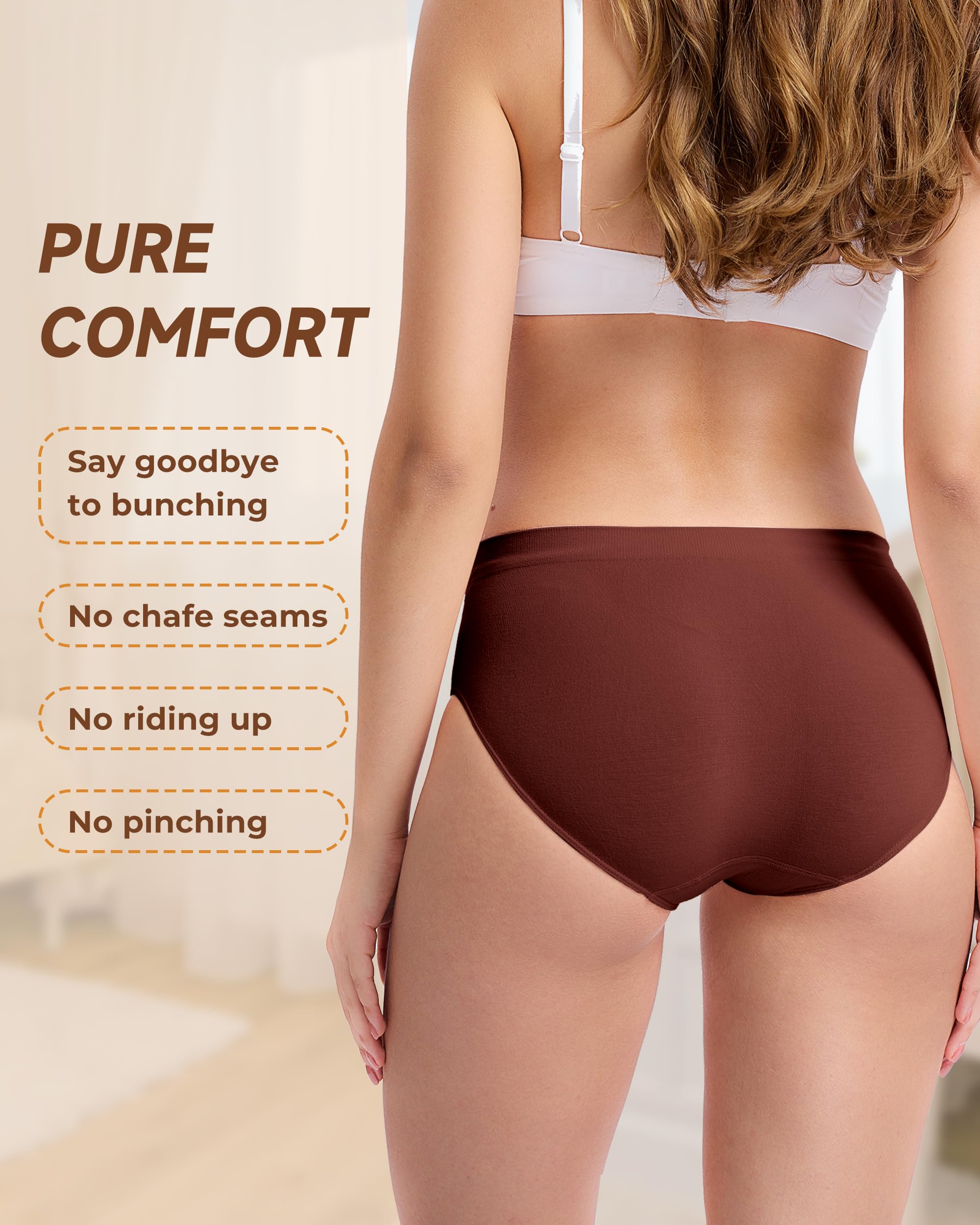 Women's Bamboo Seamless Bikini Panties Moisture-Wicking Stretchy Breathable Hipster Coverage Ladies Underwear 6-pack