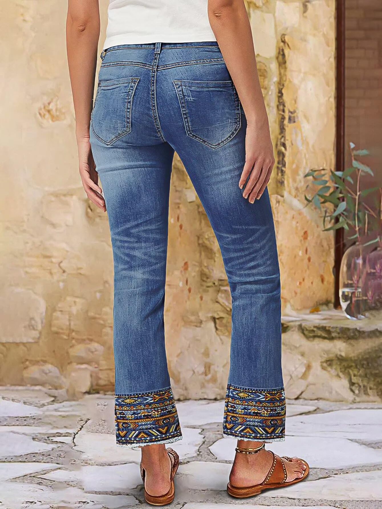 Flamingals Straight Leg Cropped Jeans for Women Trendy Mid Rise Stretchy Tribal Embroidery Raw Hem Ankle Jeans
