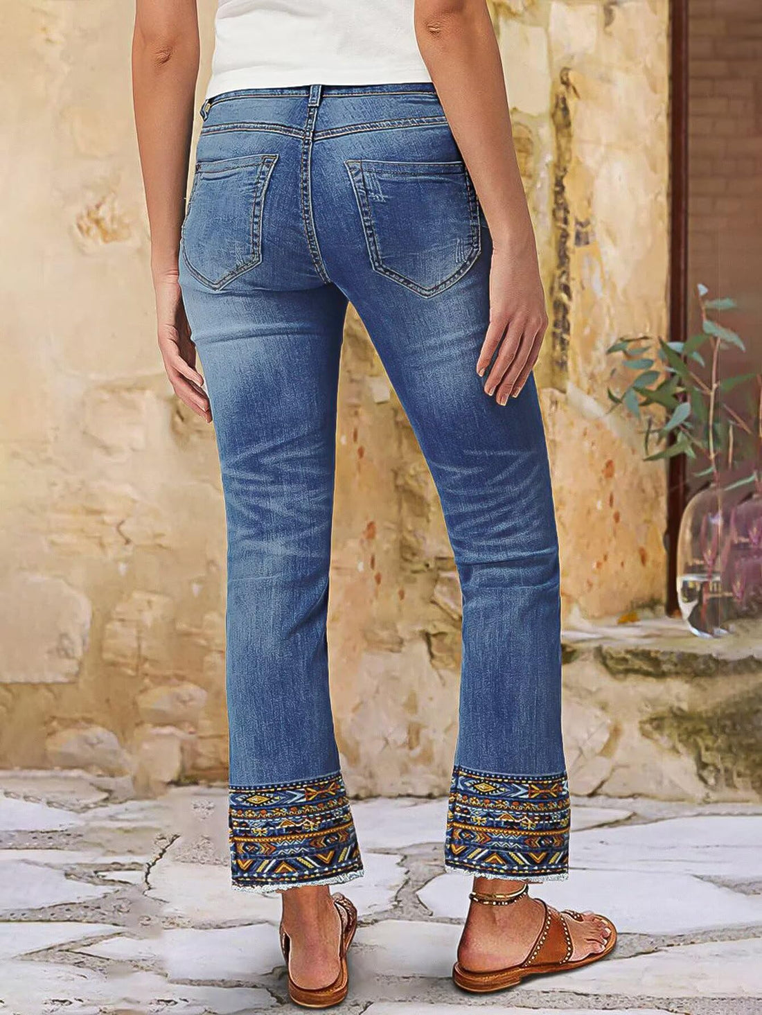 Flamingals Straight Leg Cropped Jeans for Women Trendy Mid Rise Stretchy Tribal Embroidery Raw Hem Ankle Jeans