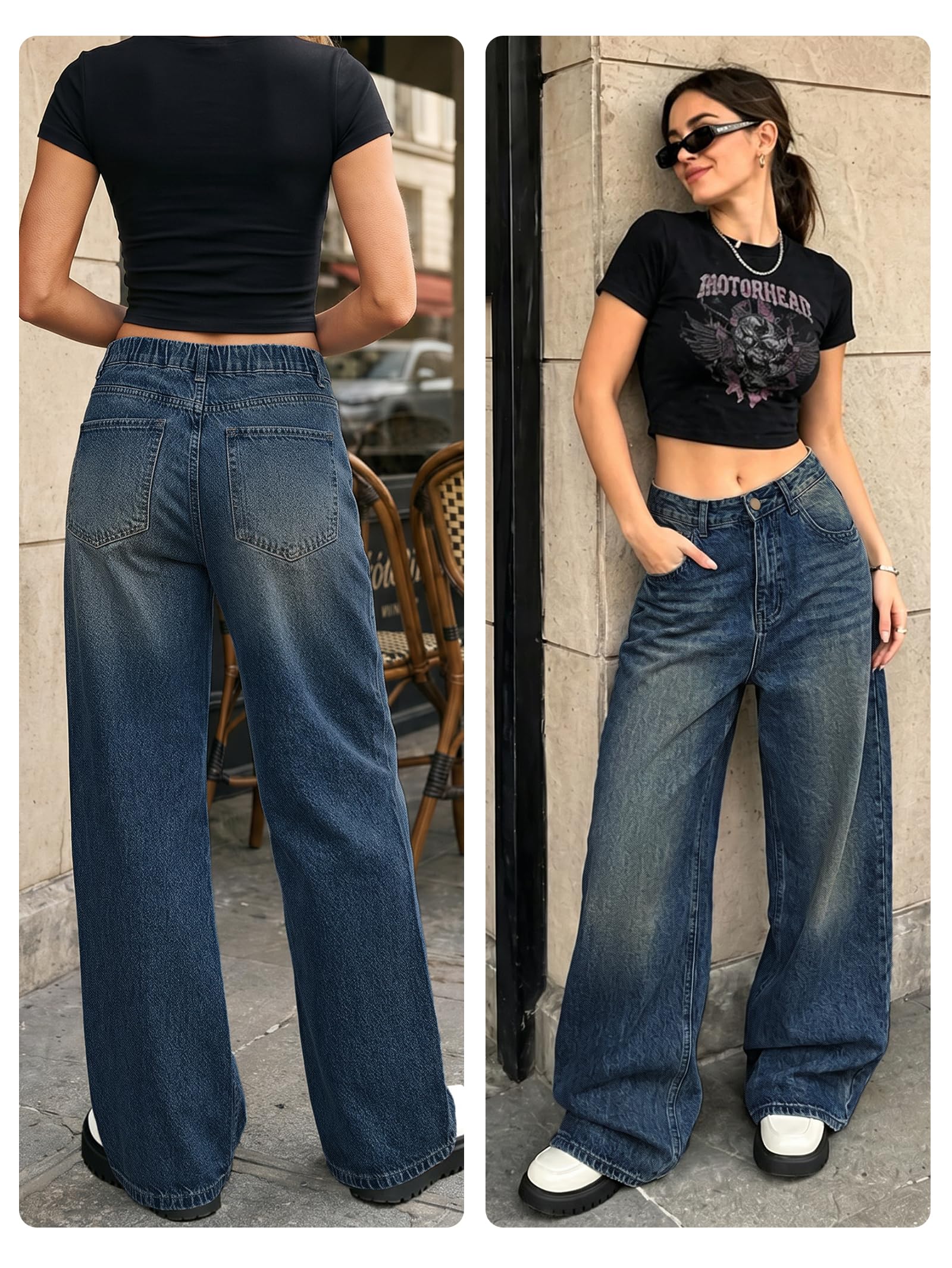 EMMIOL Women Baggy Jeans High Waist Boyfriend Streetwear Vintage Jeans Wide Leg Denim Pants