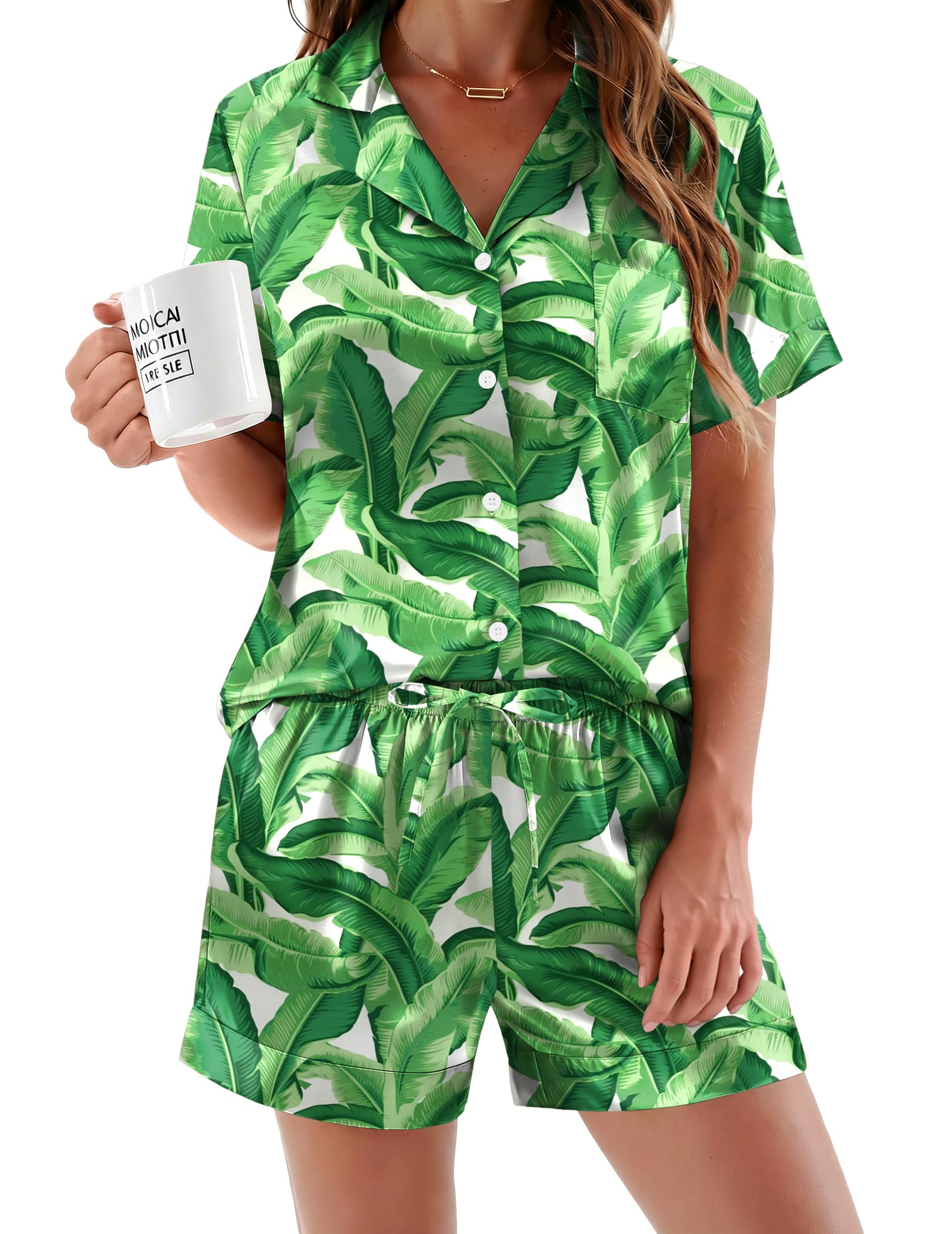 Ekouaer Silk Pajamas for Women Button Up 2 Piece Satin Pjs Shorts Set