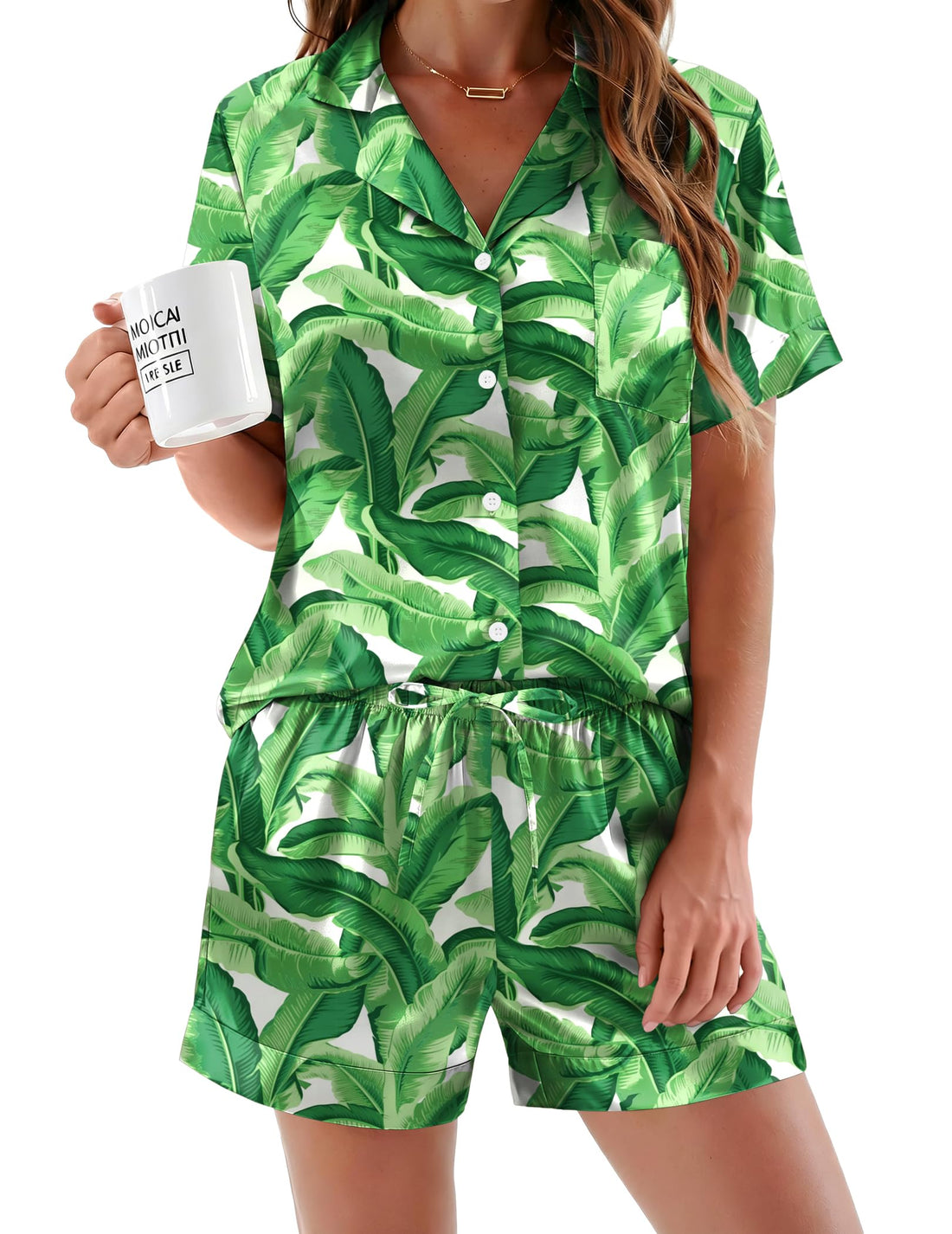 Ekouaer Silk Pajamas for Women Button Up 2 Piece Satin Pjs Shorts Set