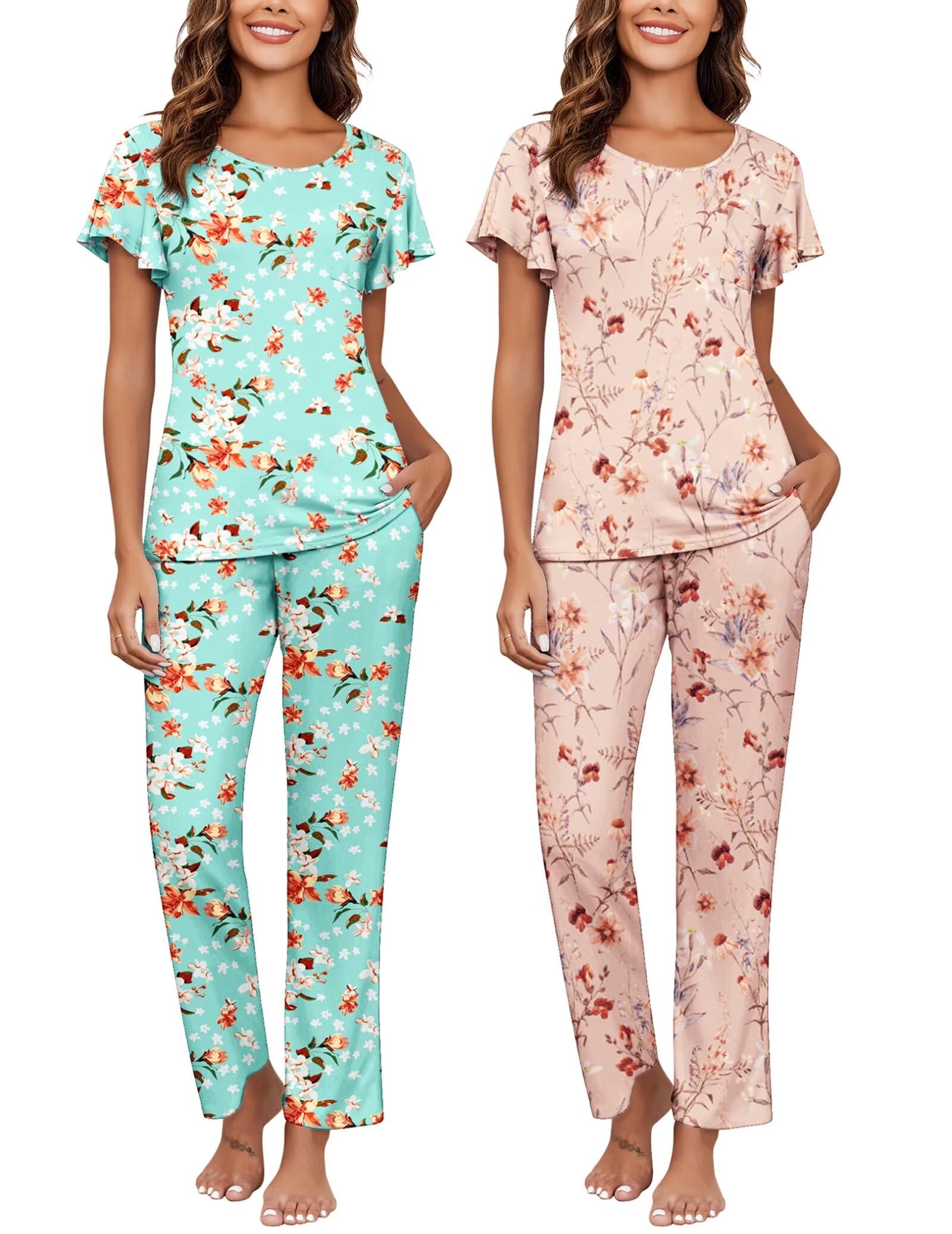Ekouaer Pajamas for Women Set 2 Piece Comfy Loungewear, Lightweight Pjs Sleepwear, Short Sleeve Top & Long Pants with Pockets