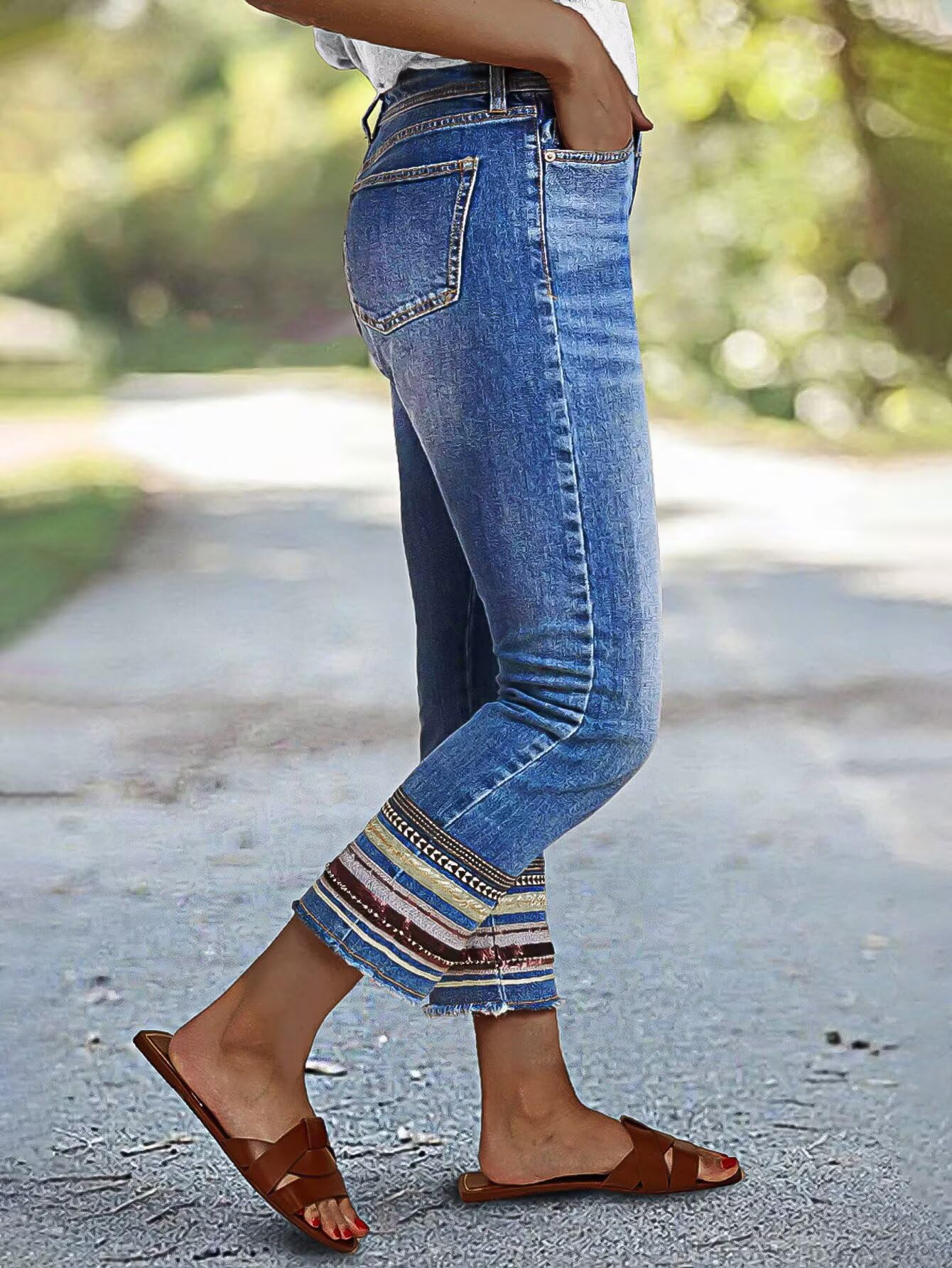 Flamingals Straight Leg Cropped Jeans for Women Trendy Mid Rise Stretchy Tribal Embroidery Raw Hem Ankle Jeans