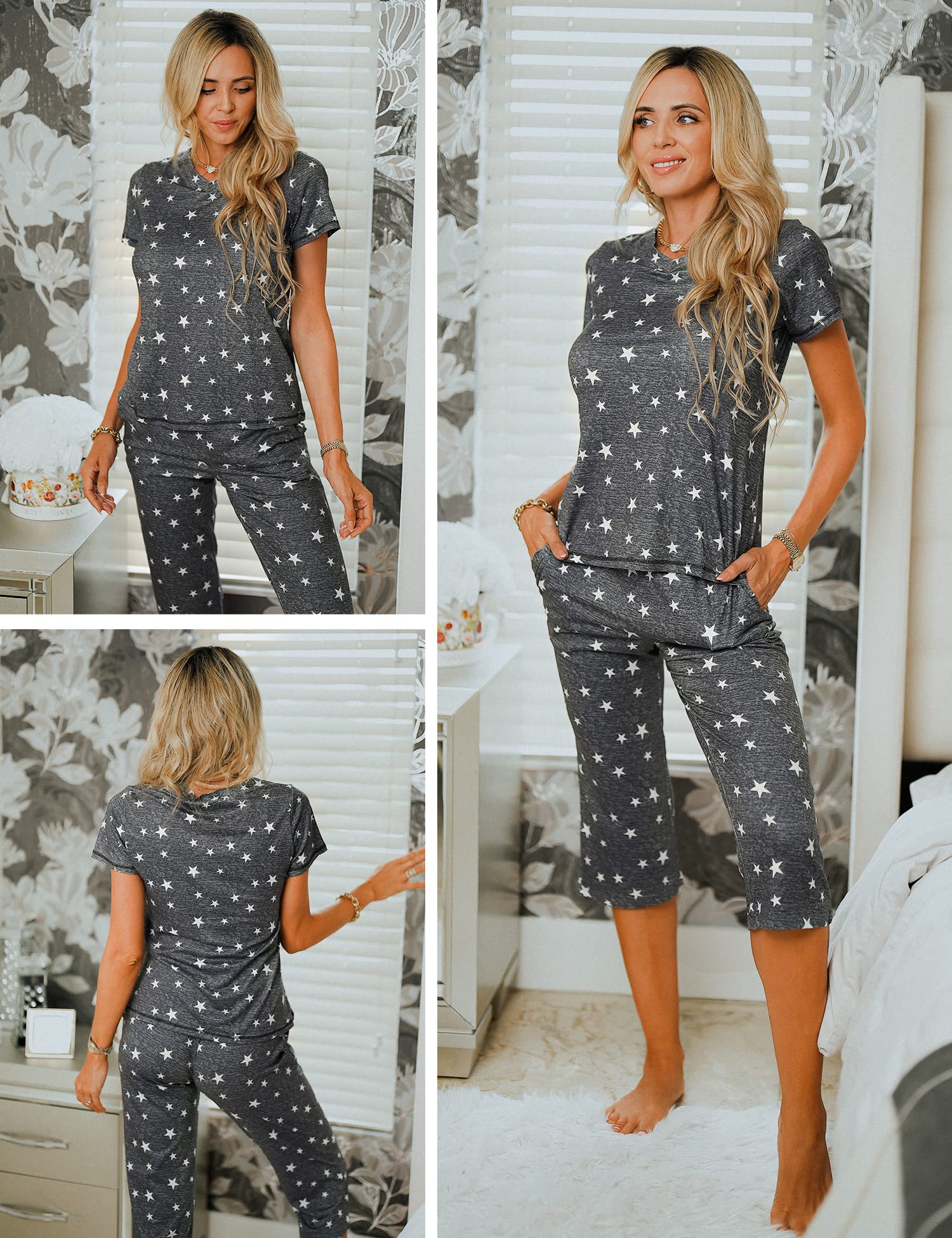 Ekouaer 2 Pack Women's Capri Pajama Sets Short Sleeve Two-Piece Pjs V Neck Tops & Pants Printed Lounge Sets S-3XL