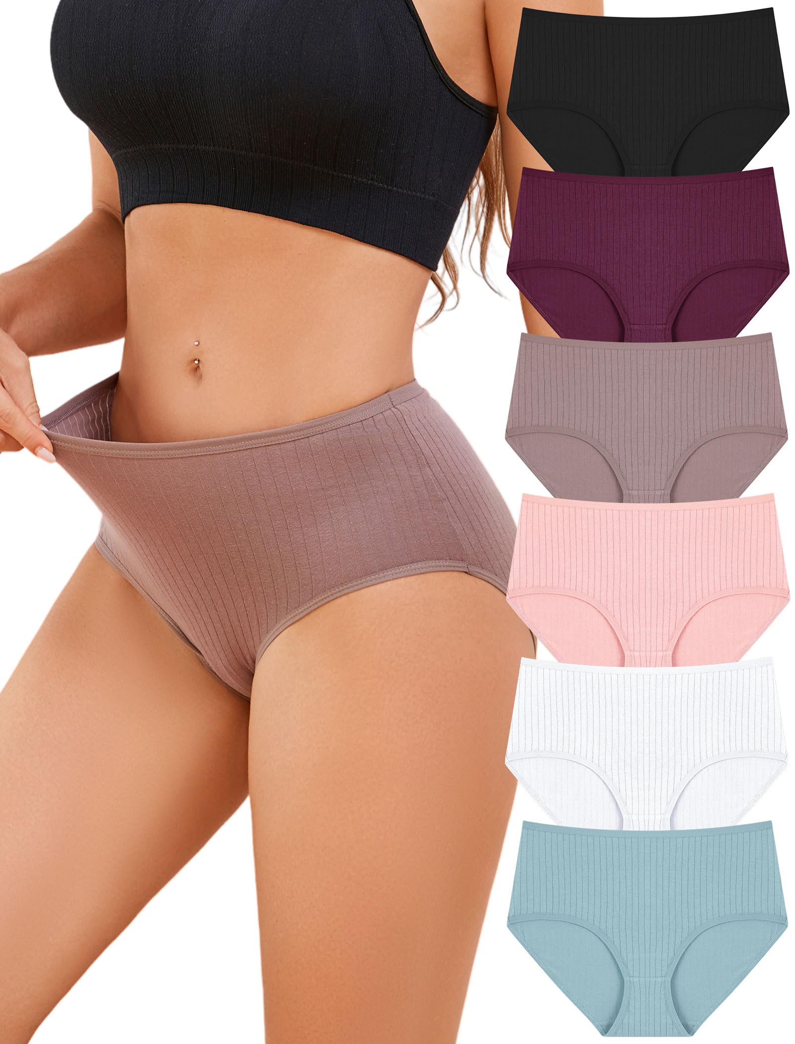 FINETOO Cotton Underwear Women High Waisted Ribbed Breathable Briefs 6 Pack