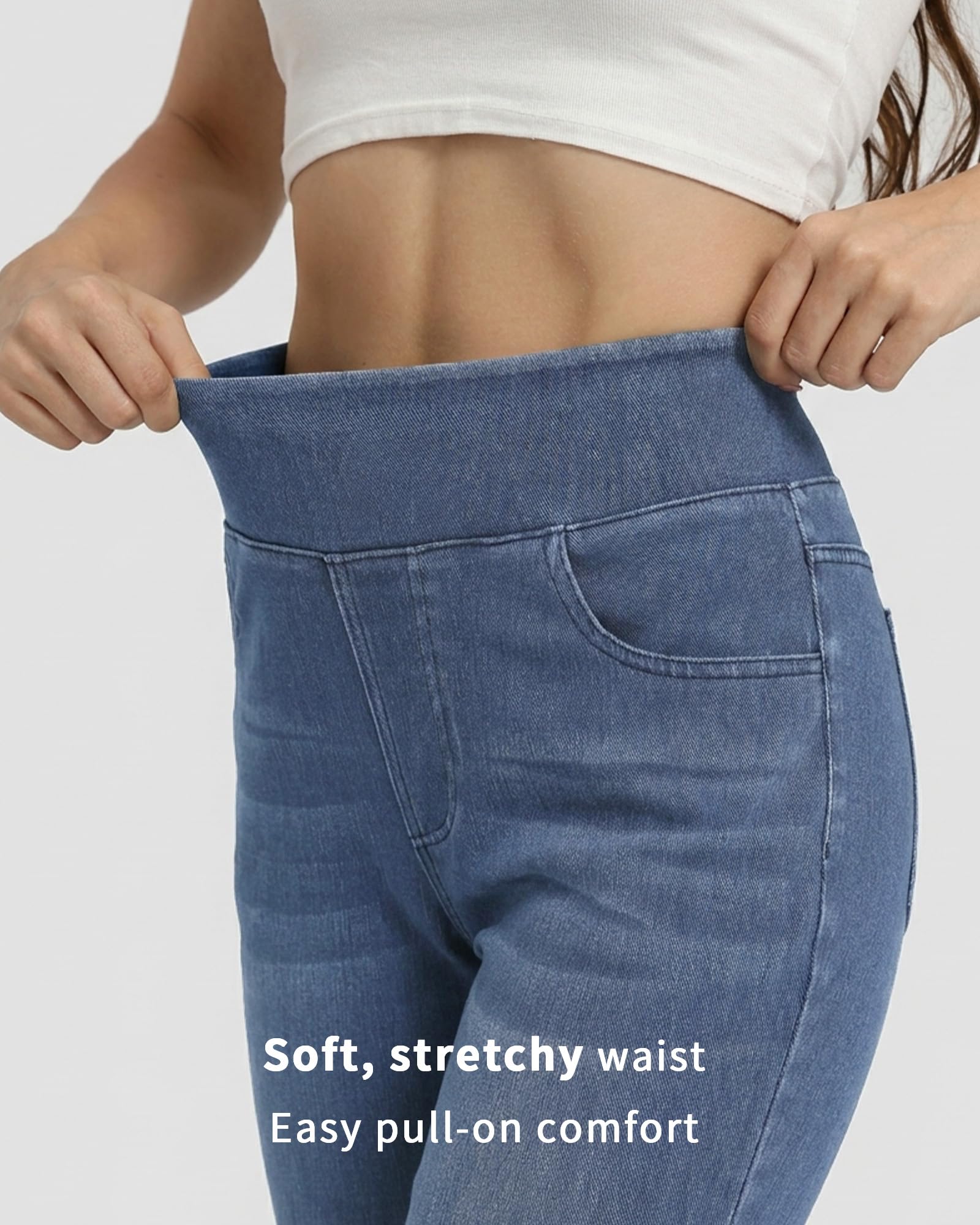 Pull on Straight Leg Jeans for Women Stretchy Sweatpant Jeans Elastic High Waist Tummy Control Trendy Denim Pants