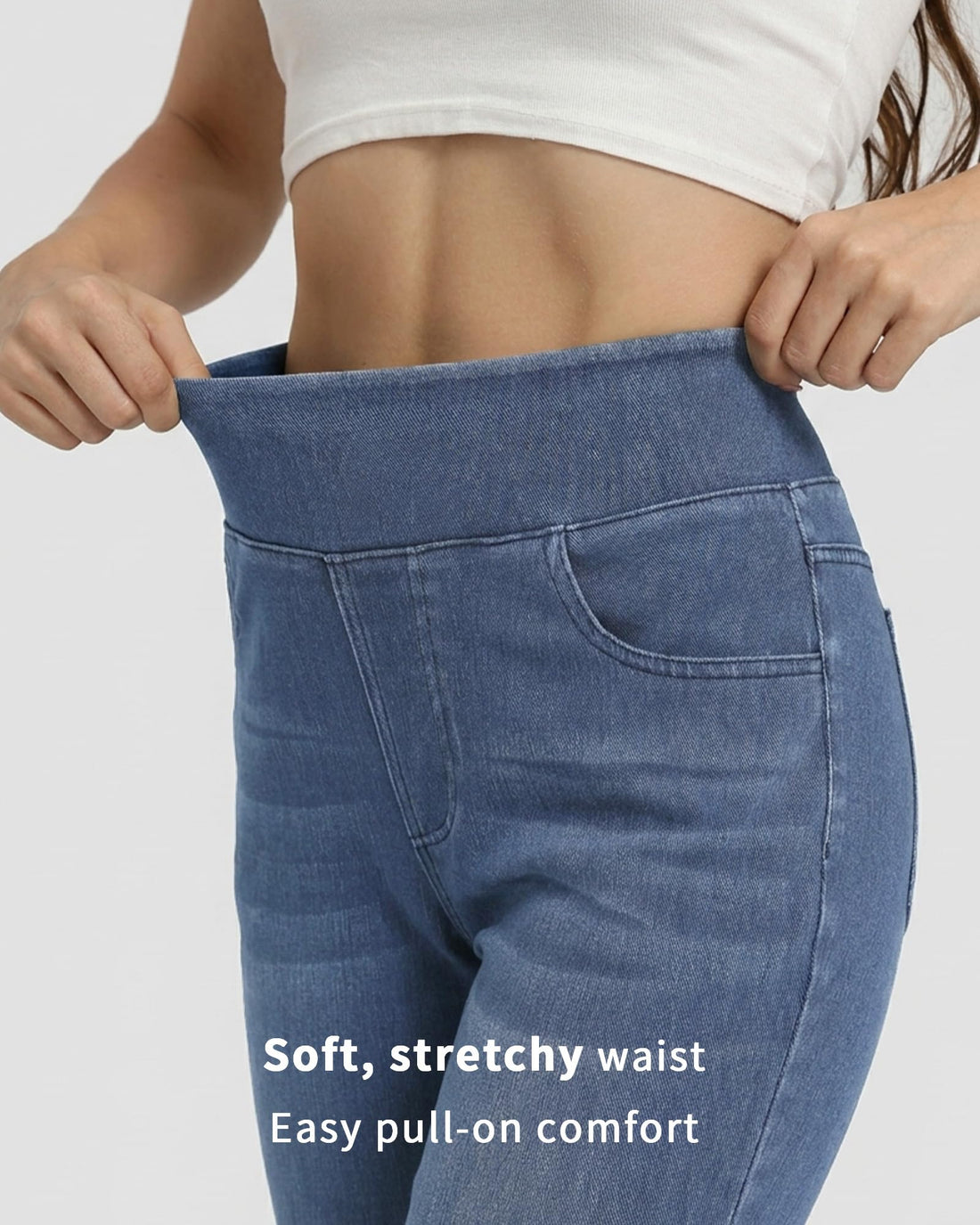 Pull on Straight Leg Jeans for Women Stretchy Sweatpant Jeans Elastic High Waist Tummy Control Trendy Denim Pants