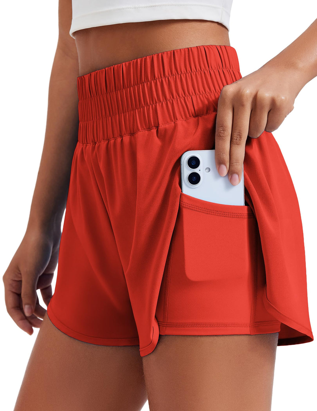 PINSPARK Women's 2 in 1 Running Shorts High-Split Athletic Short High Waisted 3" Liner Workout Gym Short with Pockets