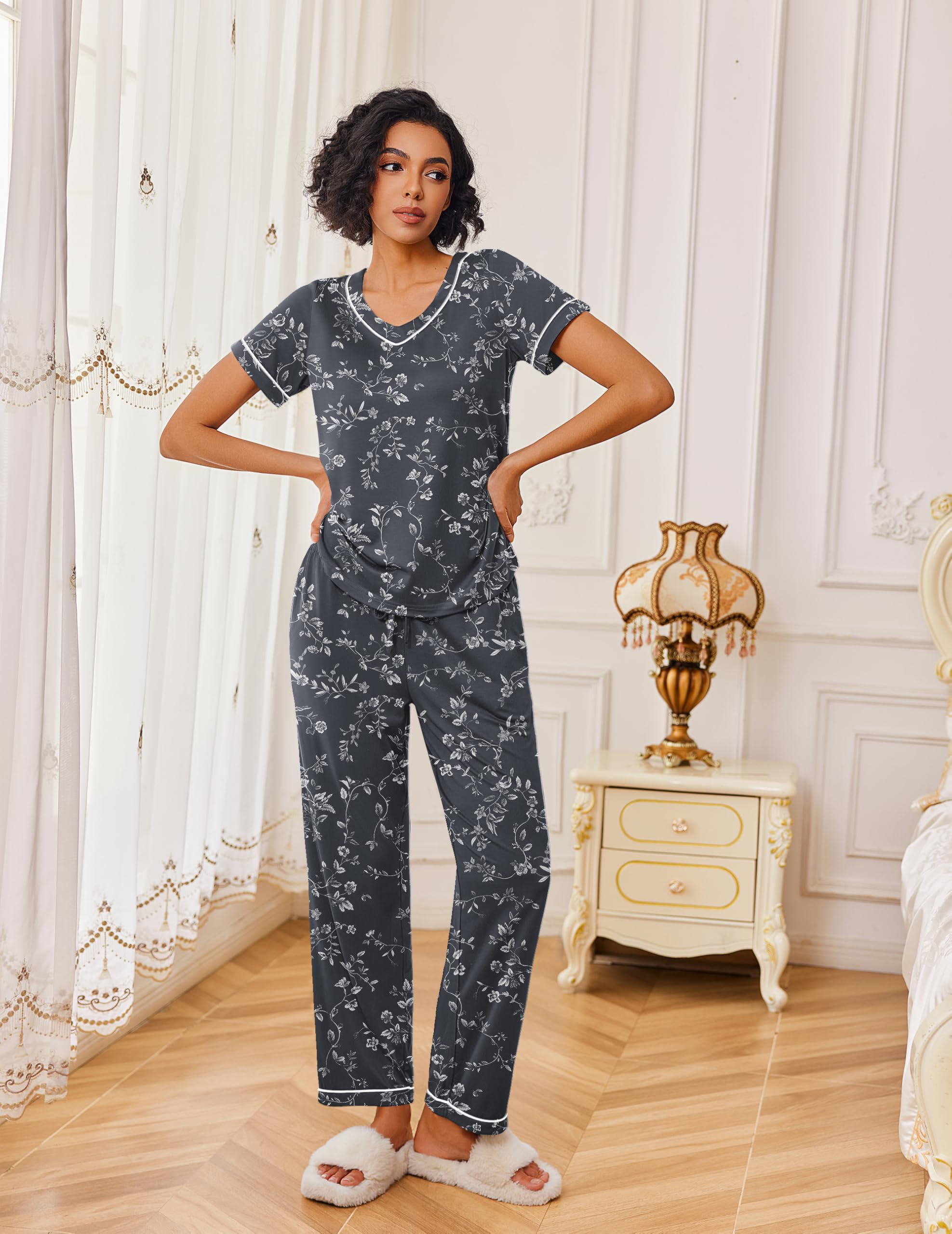 Ekouaer Pajamas for Women Set 2 Piece Lounge Set Soft Pajama Sets Short Sleeve and Pants Pj Sets Loose Sleepwear with Pockets