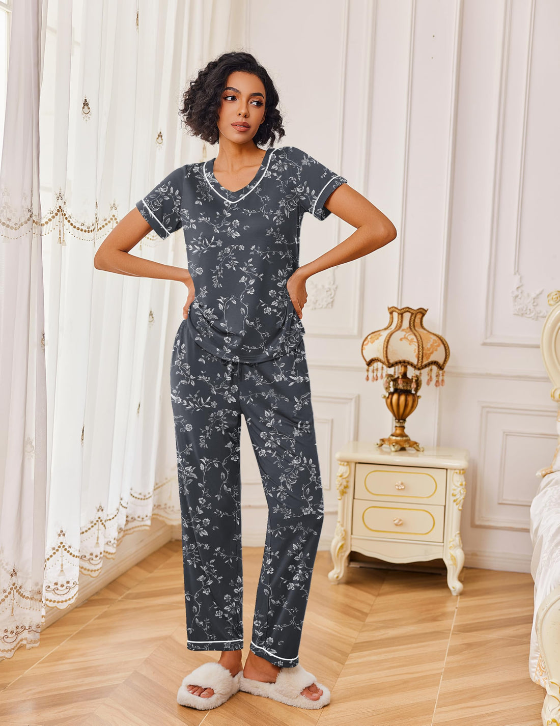 Ekouaer Pajamas for Women Set 2 Piece Lounge Set Soft Pajama Sets Short Sleeve and Pants Pj Sets Loose Sleepwear with Pockets