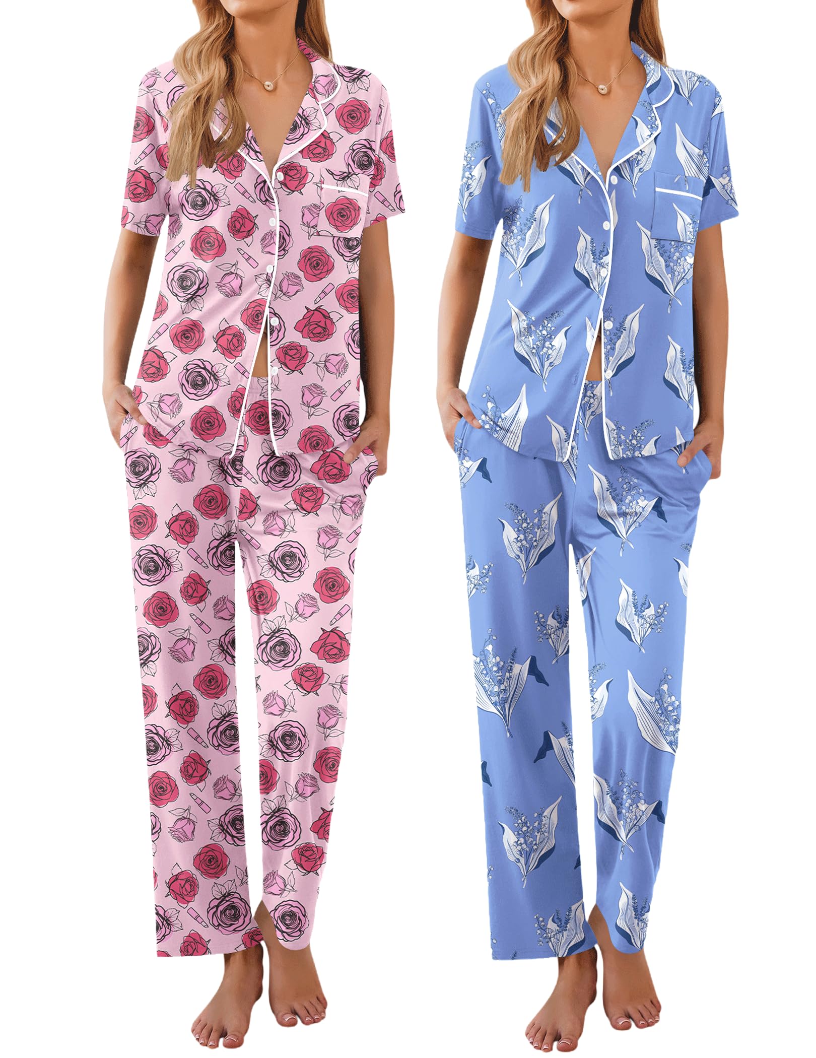 Ekouaer 2 Pack Womens Pajamas Sets Short Sleeve Pjs Button Up Sleepwear Set
