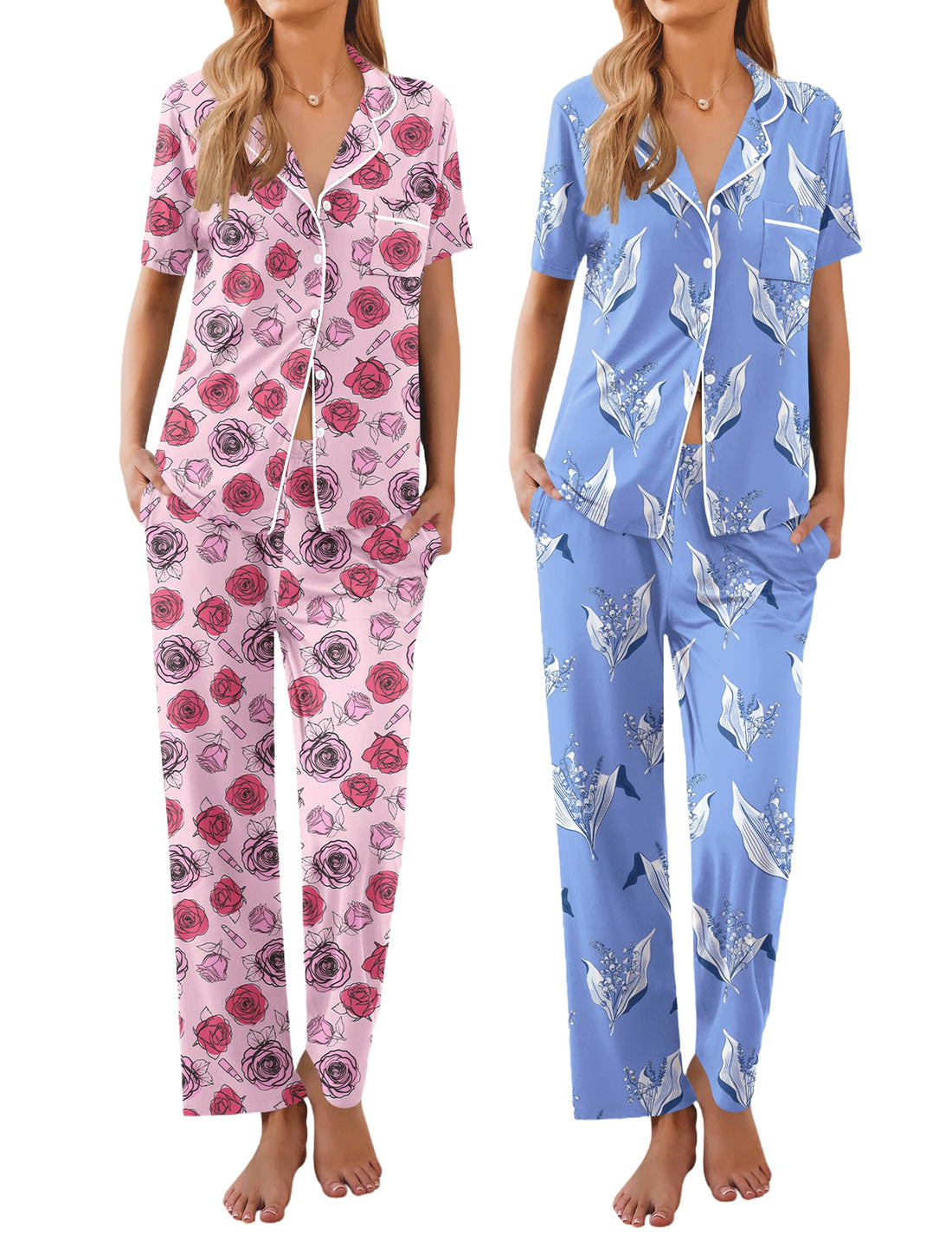 Ekouaer 2 Pack Womens Pajamas Sets Short Sleeve Pjs Button Up Sleepwear Set