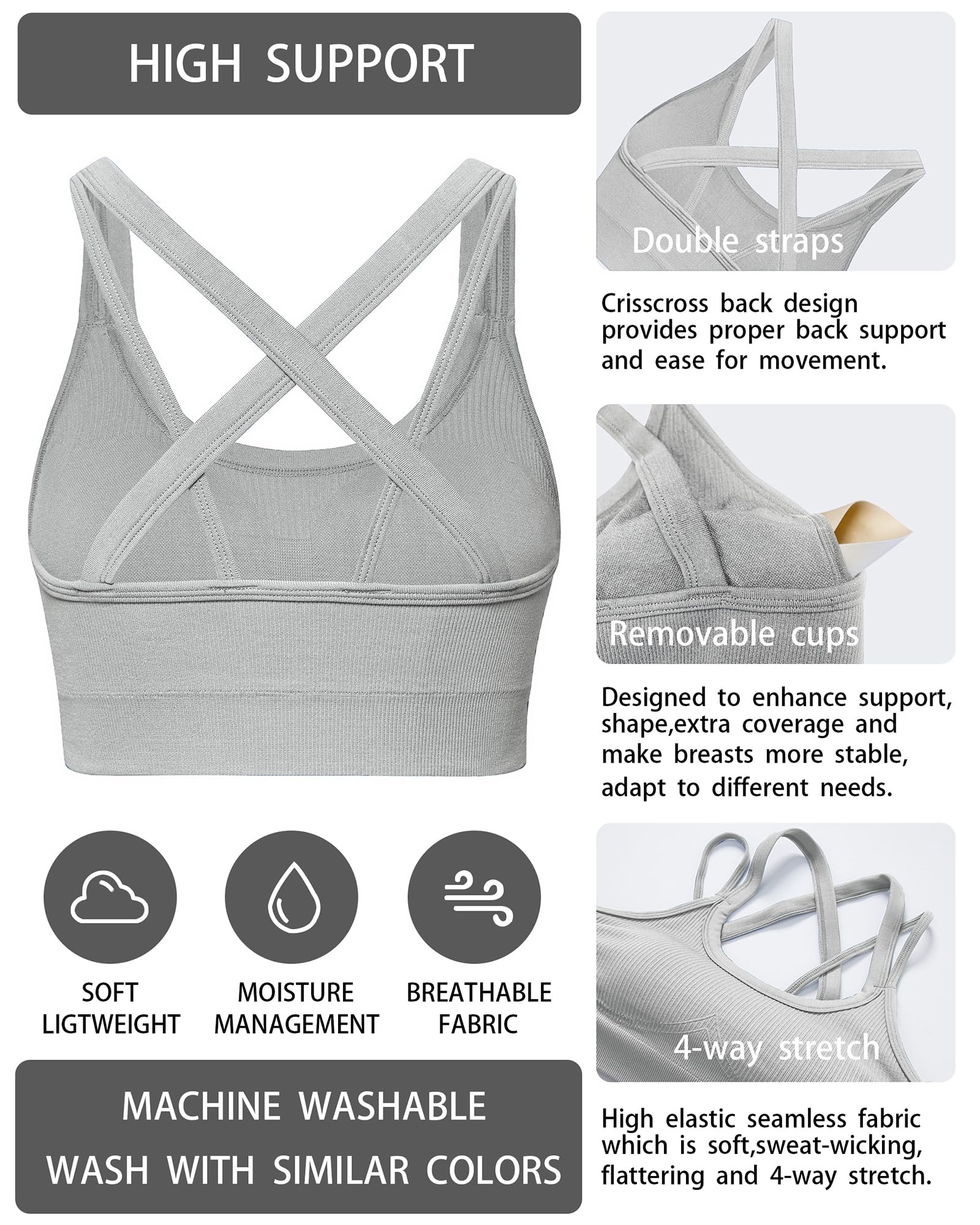 Sports Bras for Women HIigh Support, Criss-Cross Back Padded Strappy High Impact Sports Bras for Women Large Bust