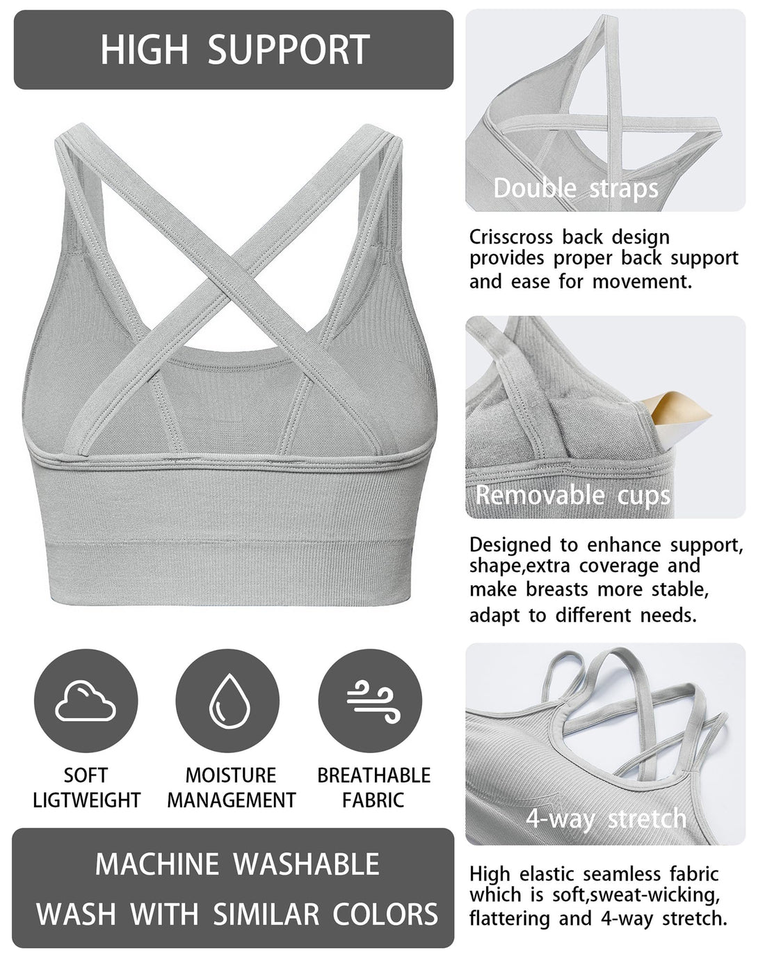 Sports Bras for Women HIigh Support, Criss-Cross Back Padded Strappy High Impact Sports Bras for Women Large Bust