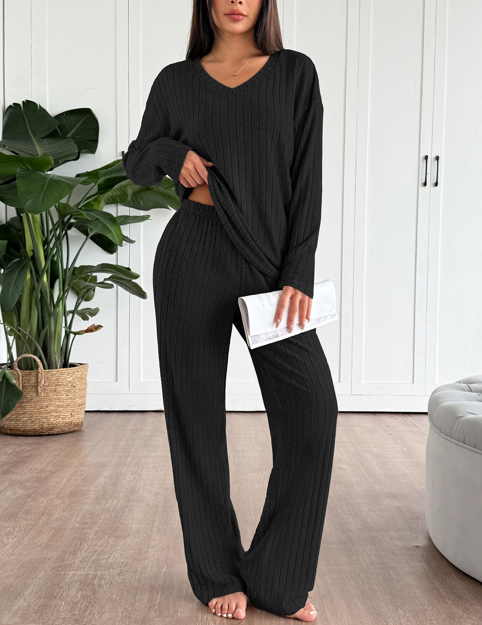 Ekouaer Lounge Sets for Women Long Sleeve Knit Ribbed Pajama Sets 2 Piece Casual Loungewear with Pockets