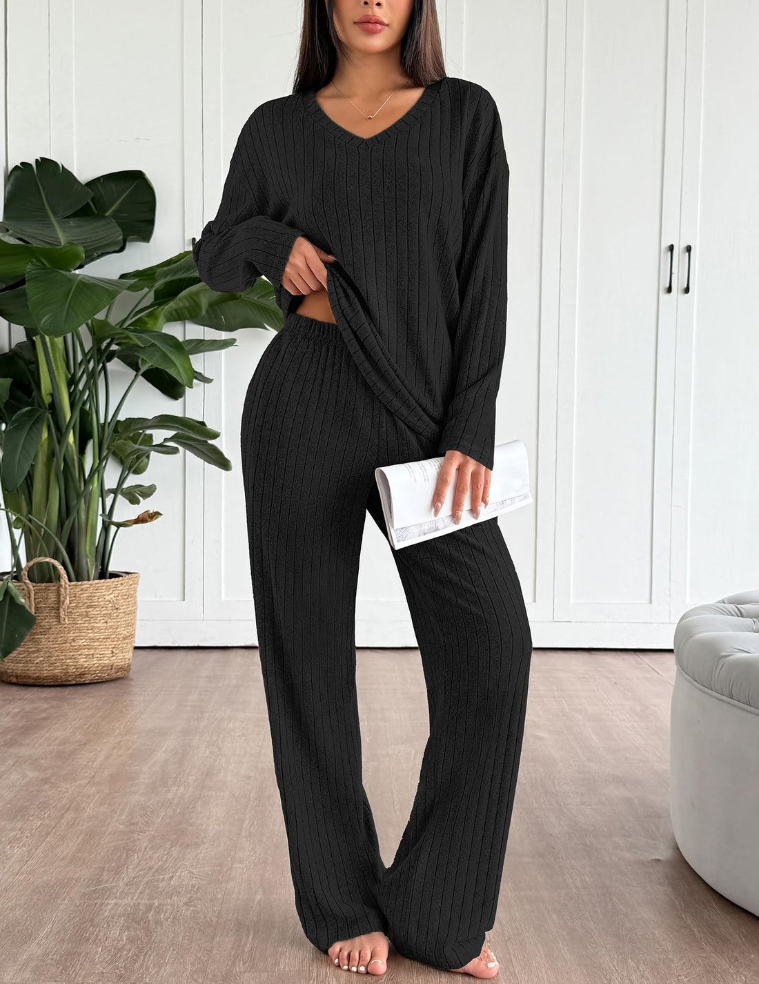 Ekouaer Lounge Sets for Women Long Sleeve Knit Ribbed Pajama Sets 2 Piece Casual Loungewear with Pockets