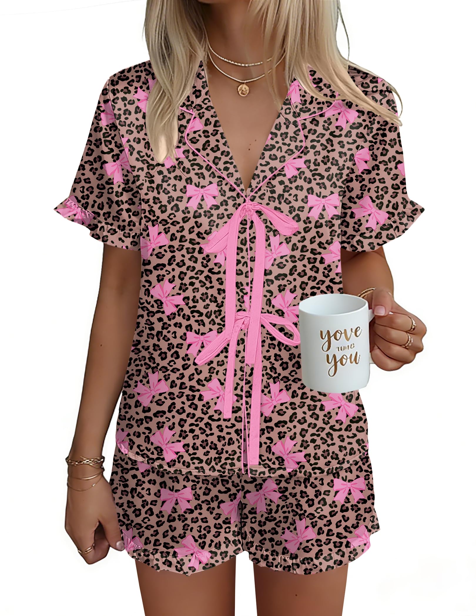 Ekouaer Satin Pajama for Women Short Sleeve Silky Pj Short Sets Lounge Set