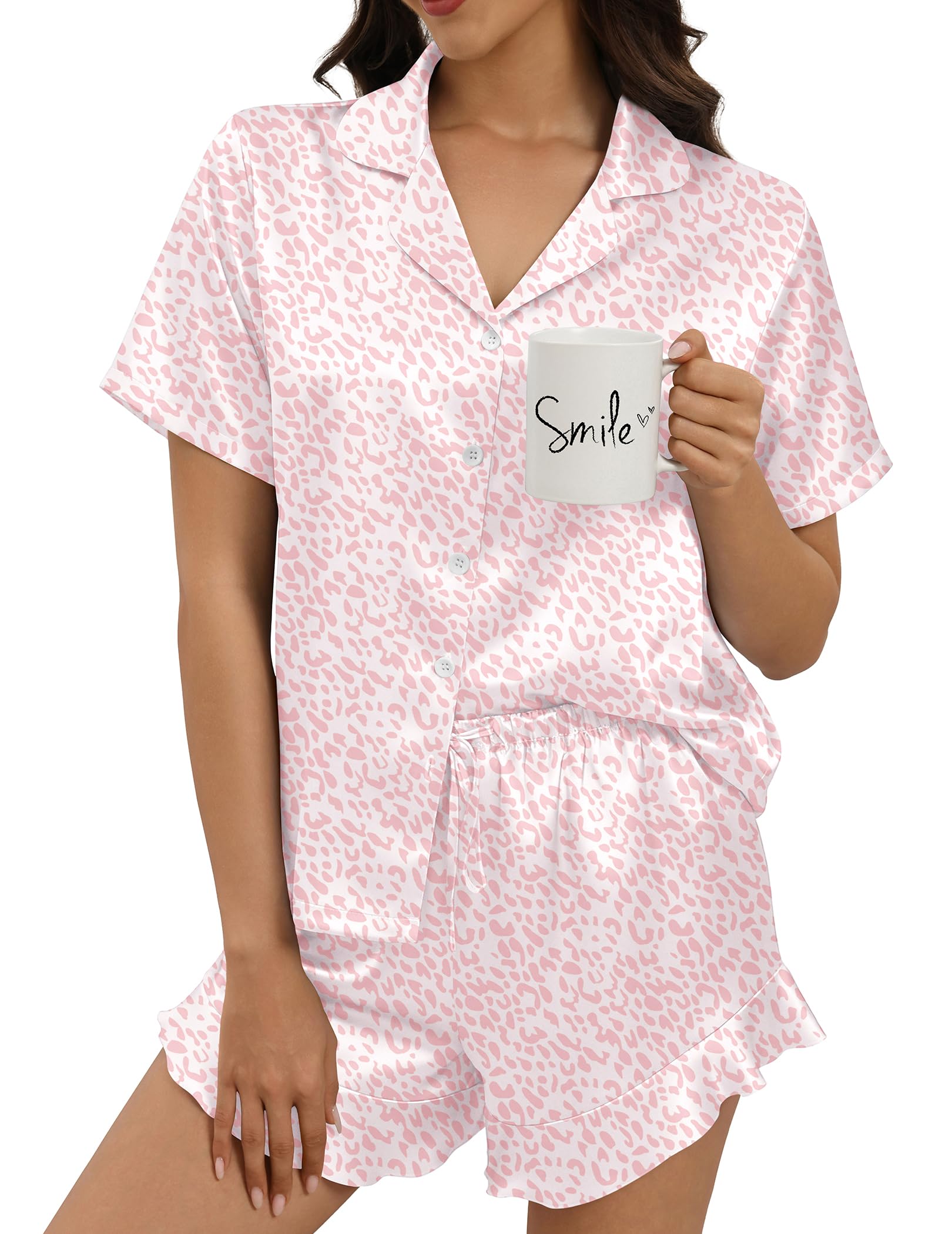 Silk Pajamas for Women Button Down 2 Piece Satin Pjs Shorts Set Ruffle Notch Collar Sleepwear Loungewear