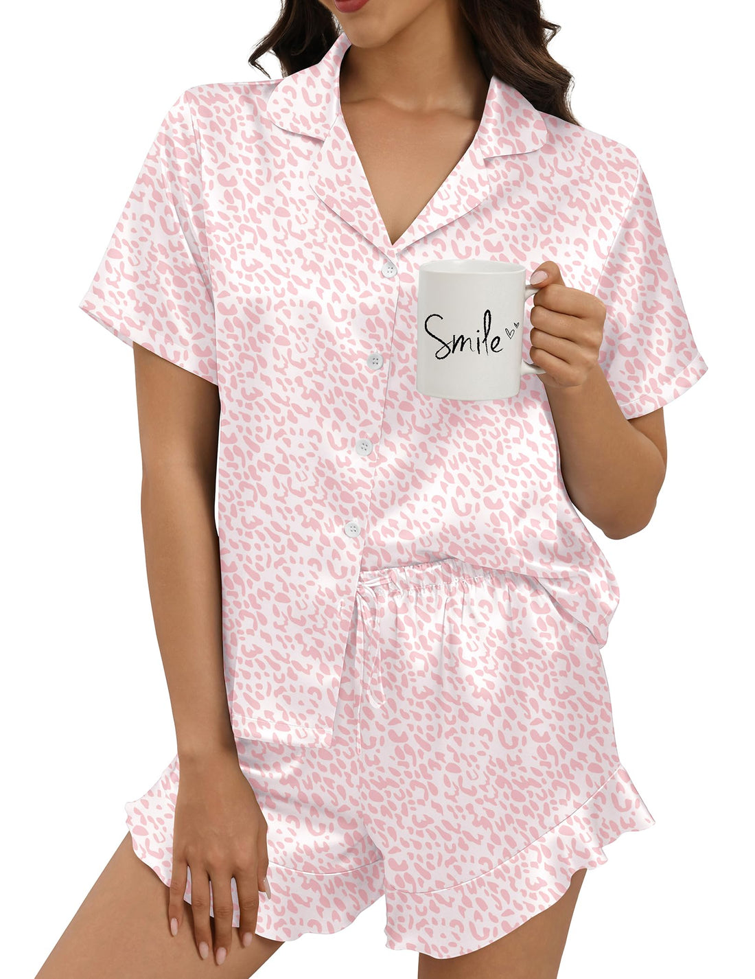 Silk Pajamas for Women Button Down 2 Piece Satin Pjs Shorts Set Ruffle Notch Collar Sleepwear Loungewear