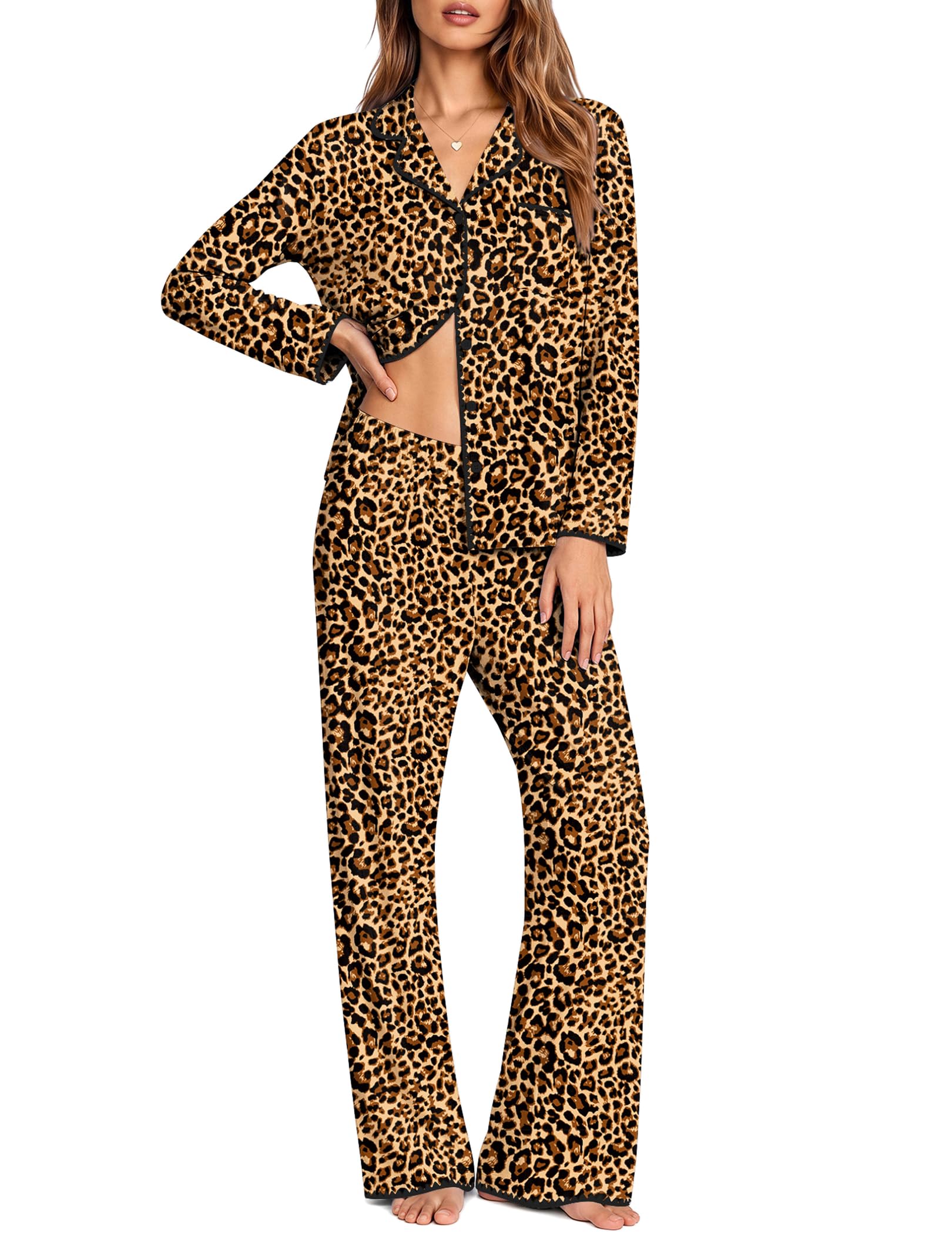 Ekouaer Pajamas for Women Set Long Sleeve Lounge Set Soft Button Down Pjs