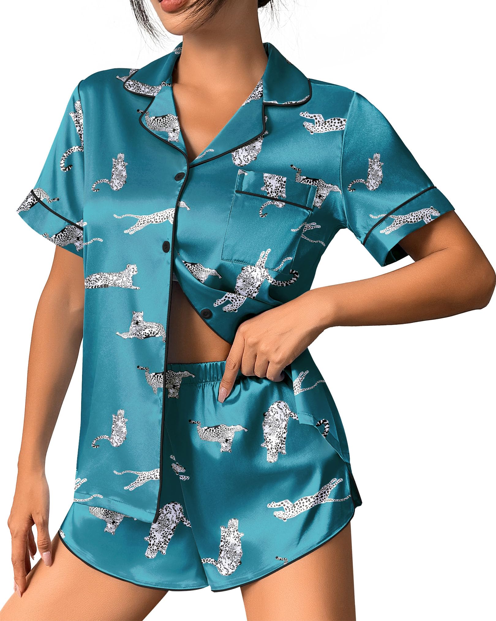 Ekouaer Womens Silk Satin Pajama Set Print Short Sleeve Sleepwear Button Down Pjs Shorts Set Loungewear
