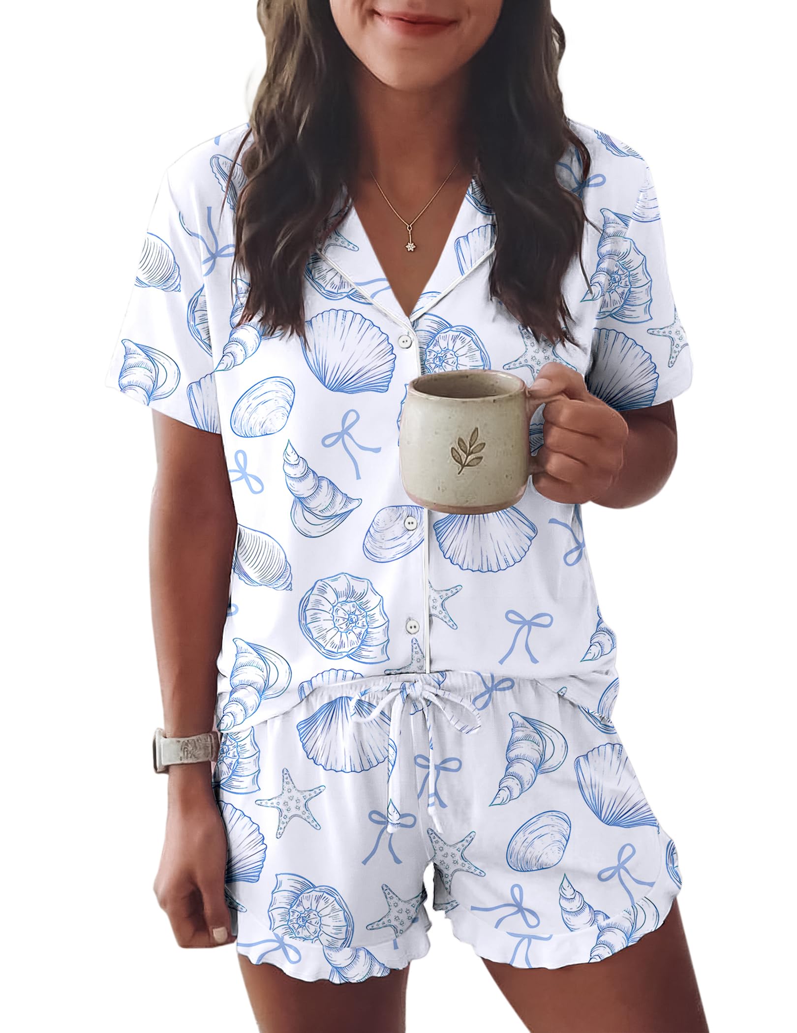 Ekouaer Womens Pajama Sets Button Down Cute Ruffled Pjs Set Sleepwear