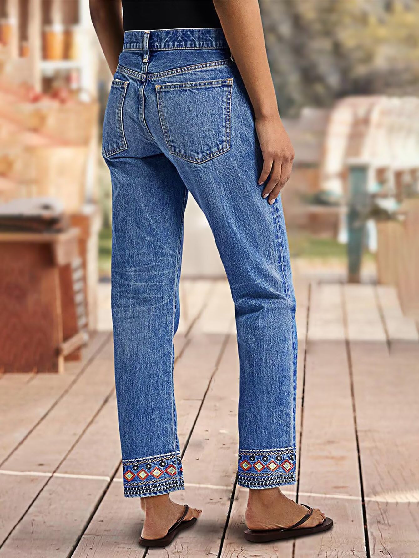Flamingals Straight Leg Cropped Jeans for Women Trendy Mid Rise Stretchy Tribal Embroidery Raw Hem Ankle Jeans