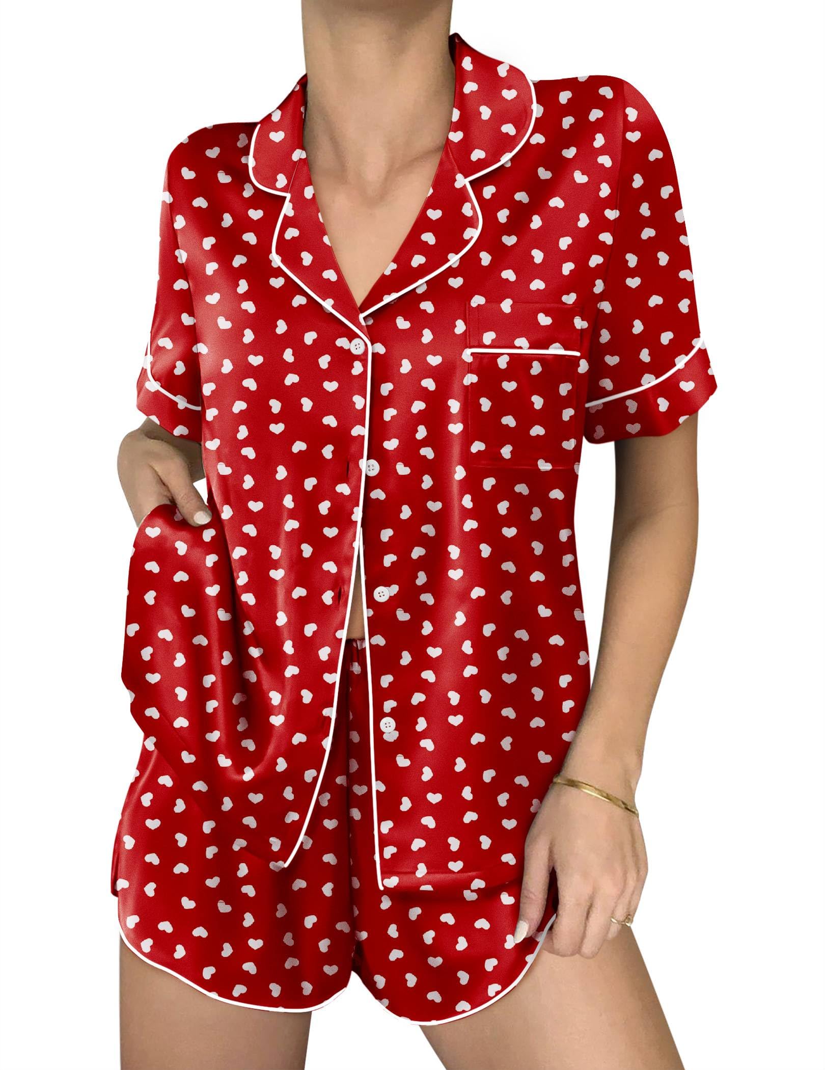 Ekouaer Women Satin Pajama Sets Cute Print Silk Pjs Shorts Sets S-4XL