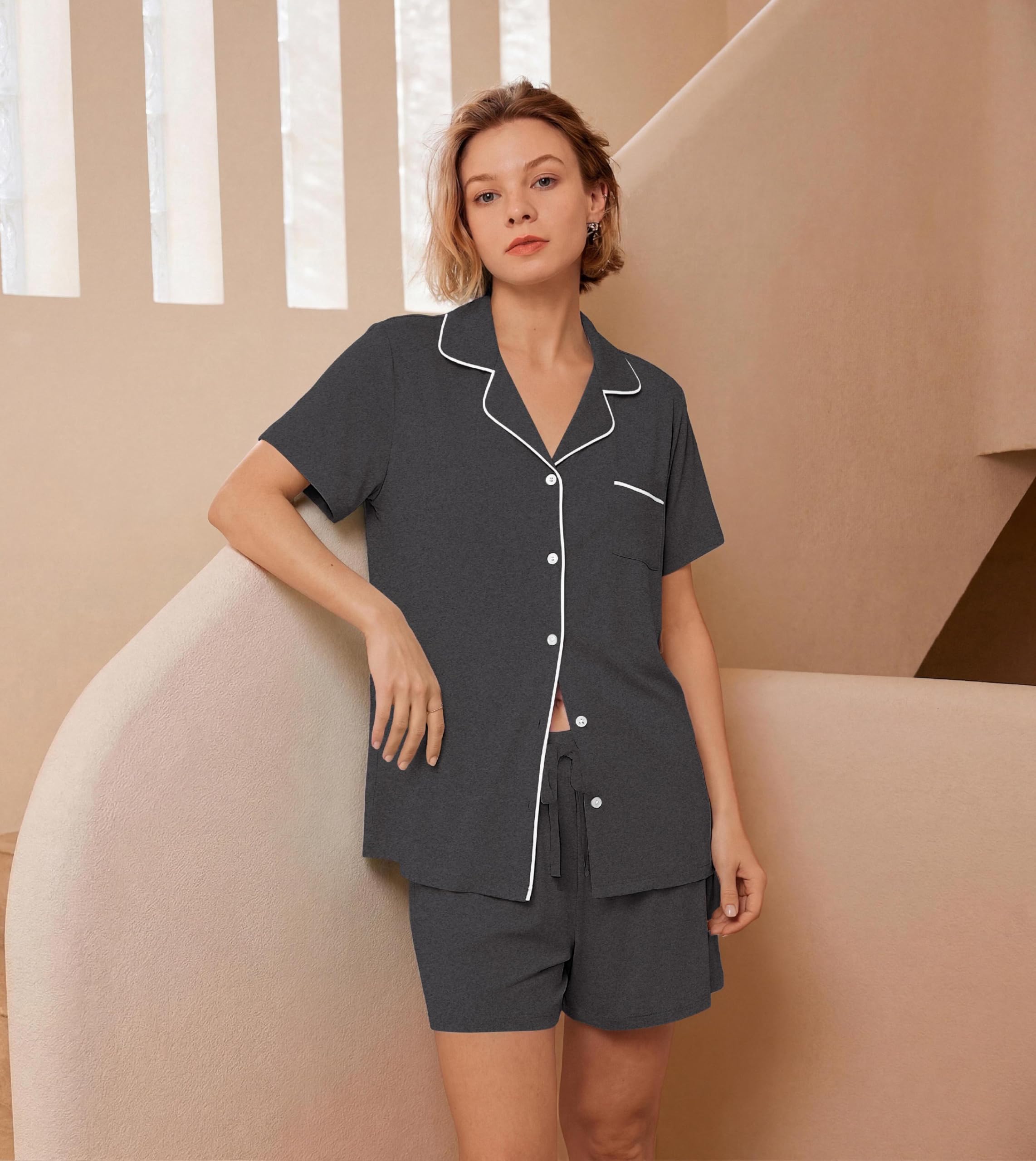Ekouaer Womens Pajamas Set Soft Classic Notch Collar Bride Pjs Comfy Short Sleeve Sleepwear Loungewear