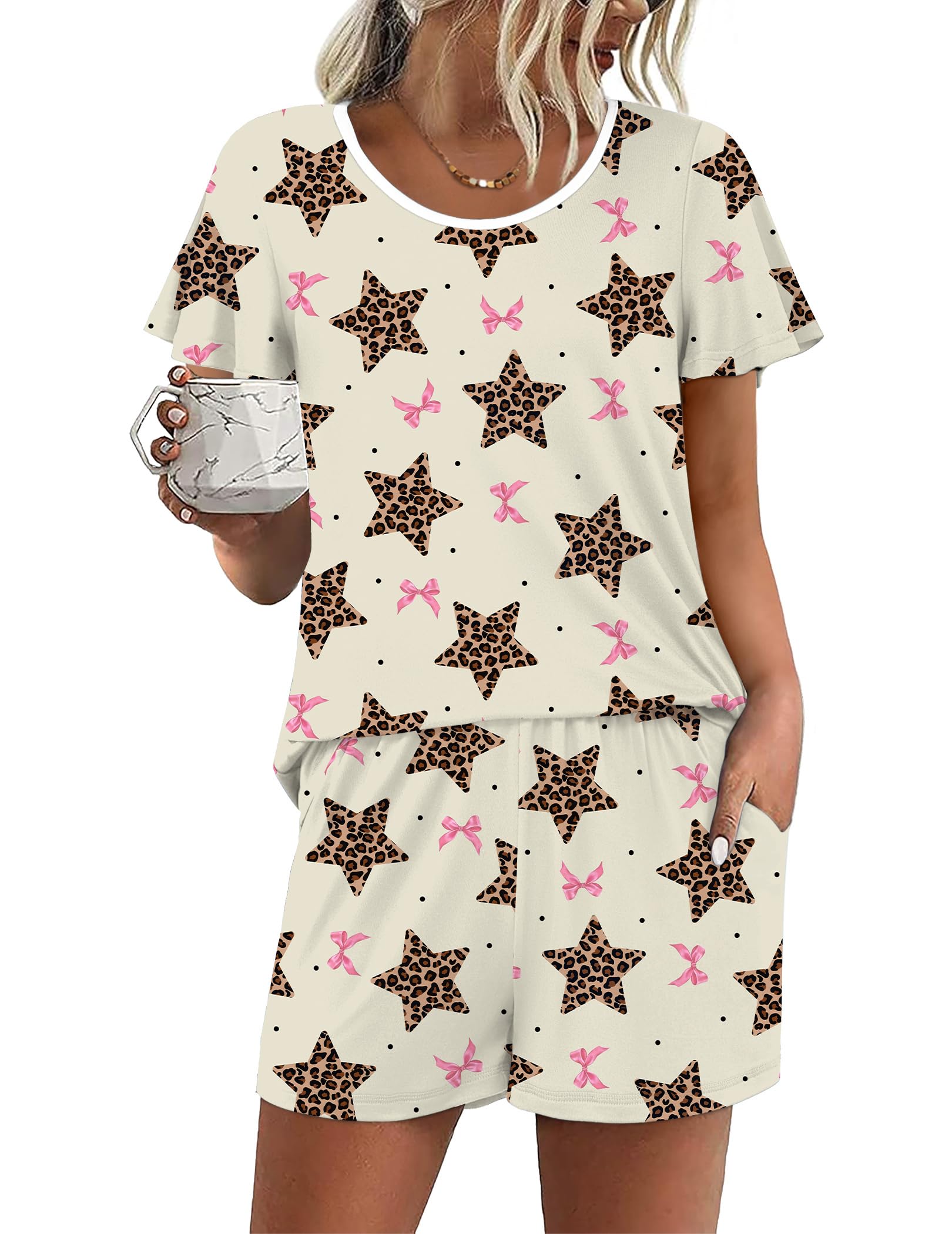 Ekouaer Womens Pajama Set Summer Short Sleeve Pjs Sleepwear Cute 2 Piece Lounge Sets S-XXL
