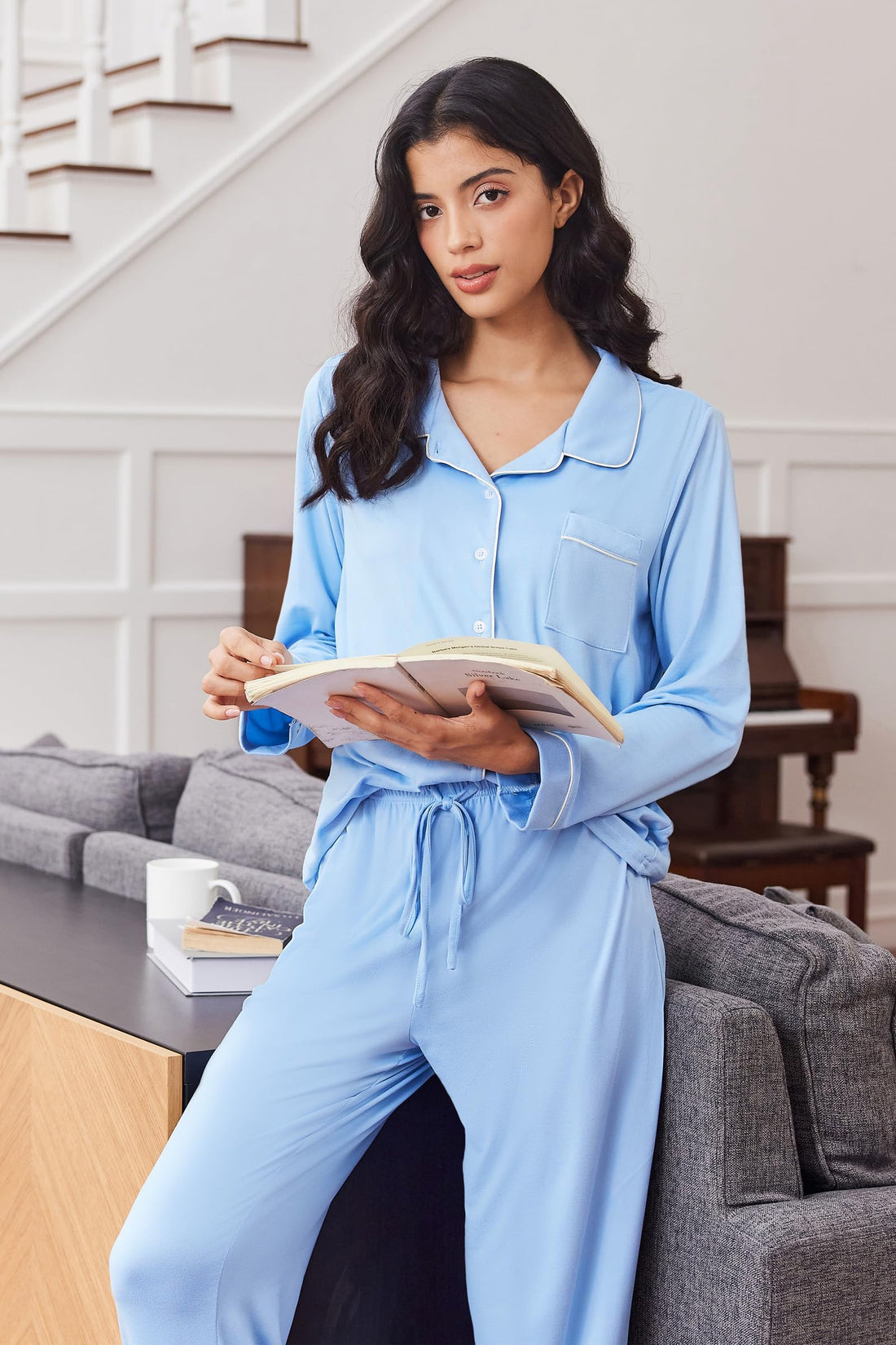 Ekouaer Women's Pajama Set Long Sleeve Lounge Set Soft Button Down Pjs