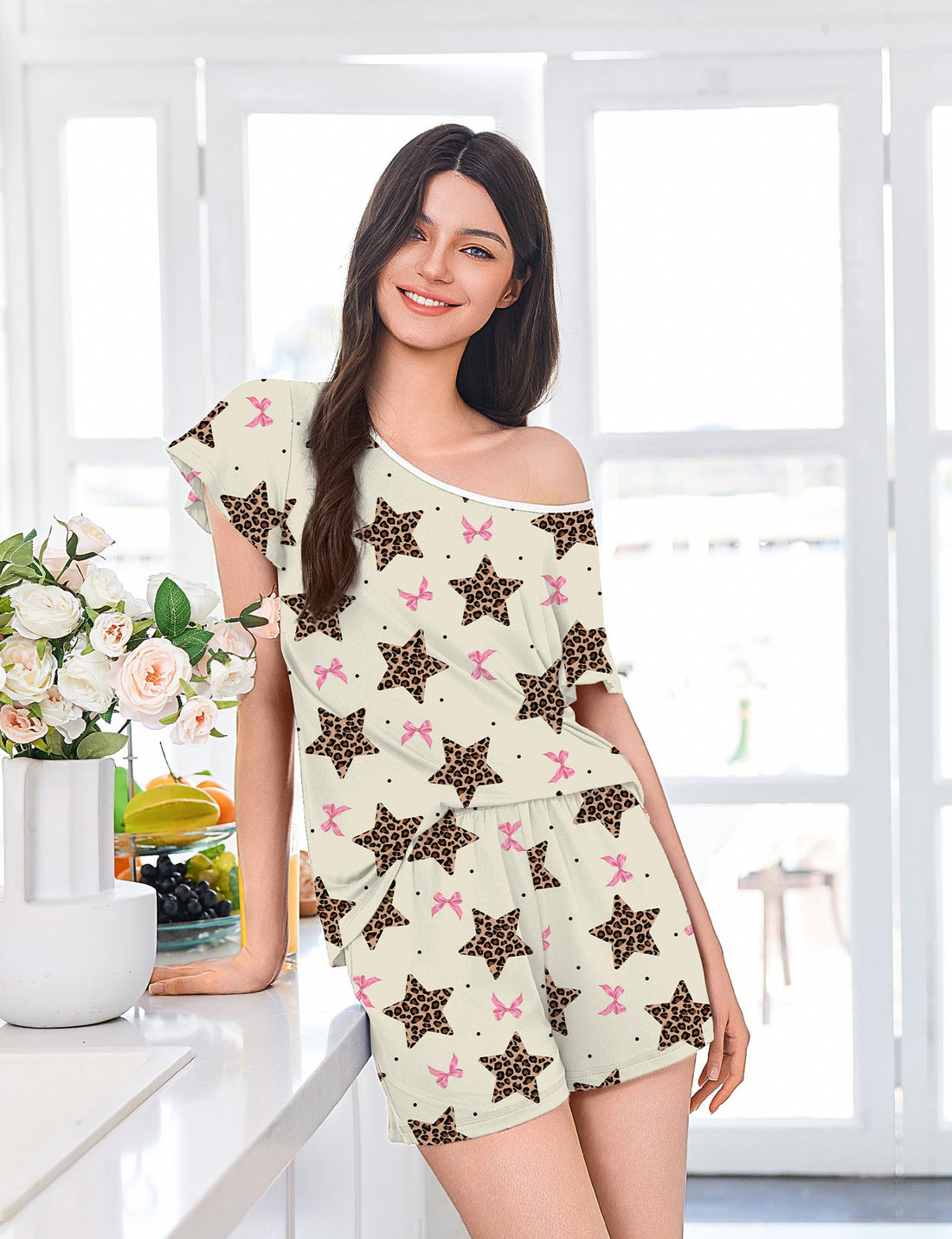 Ekouaer Womens Pajama Set Summer Short Sleeve Pjs Sleepwear Cute 2 Piece Lounge Sets S-XXL