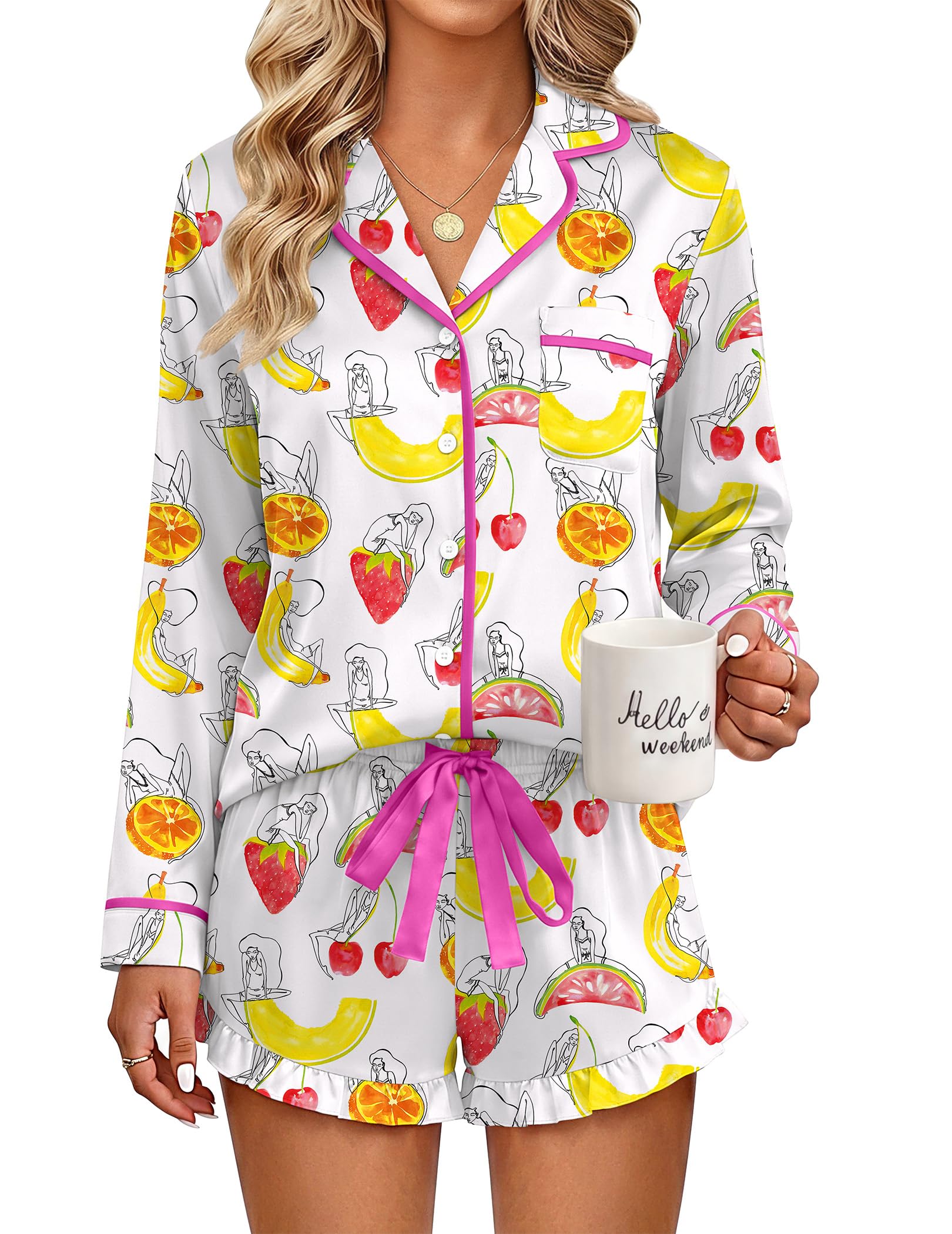 Ekouaer Womens Satin Pajamas Set 2 Piece Long Sleeve and Ruffle Shorts